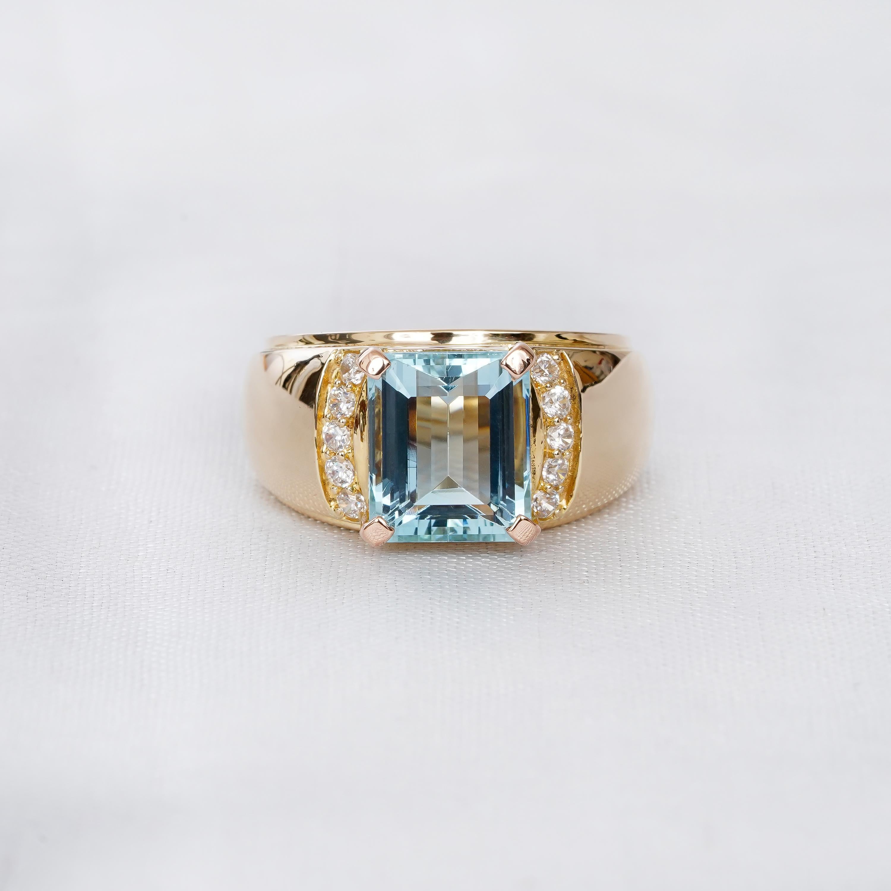Emerald Cut Aquamarine Ring, Sterling Silver Wide Band with Moissanite
