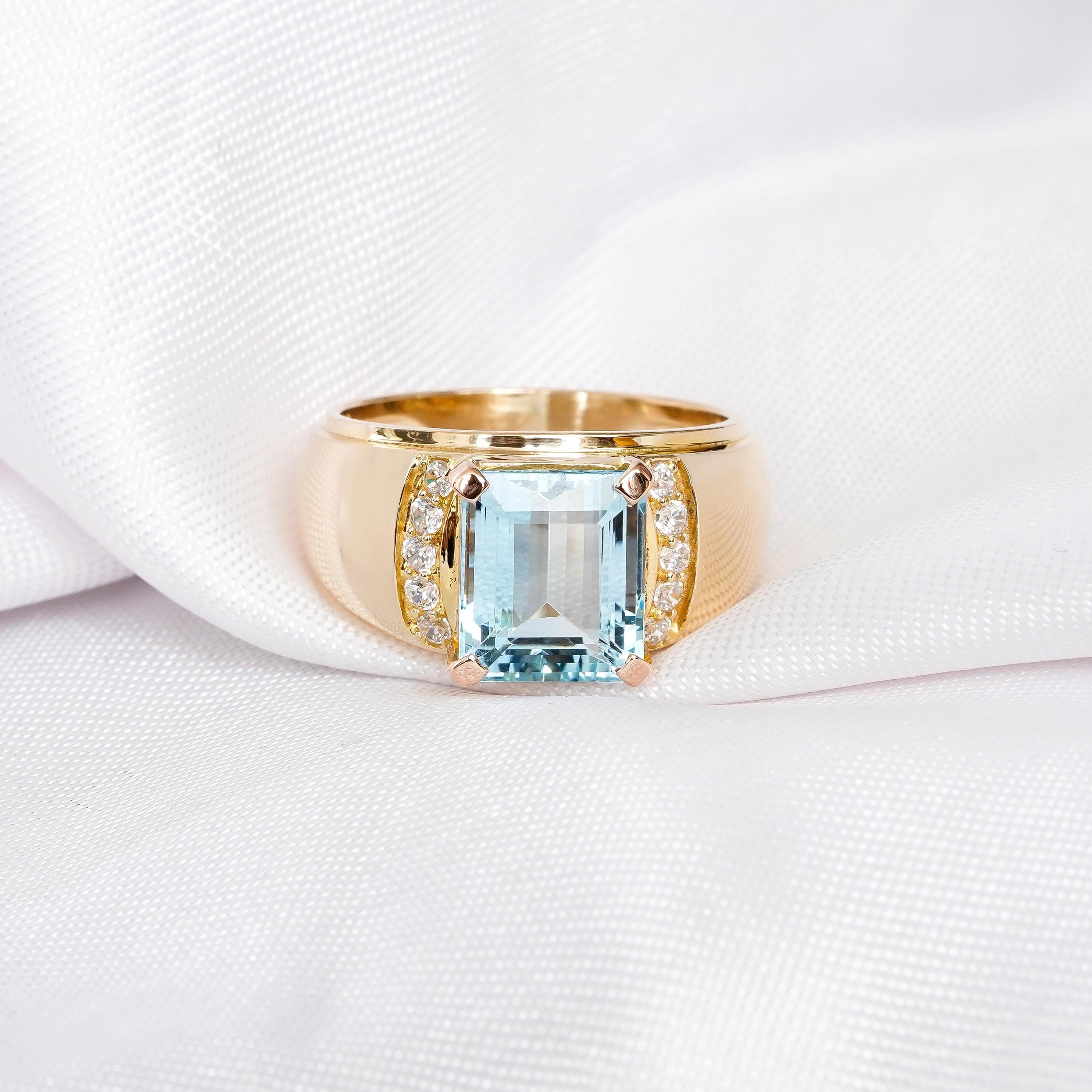 Emerald Cut Aquamarine Ring, Sterling Silver Wide Band with Moissanite