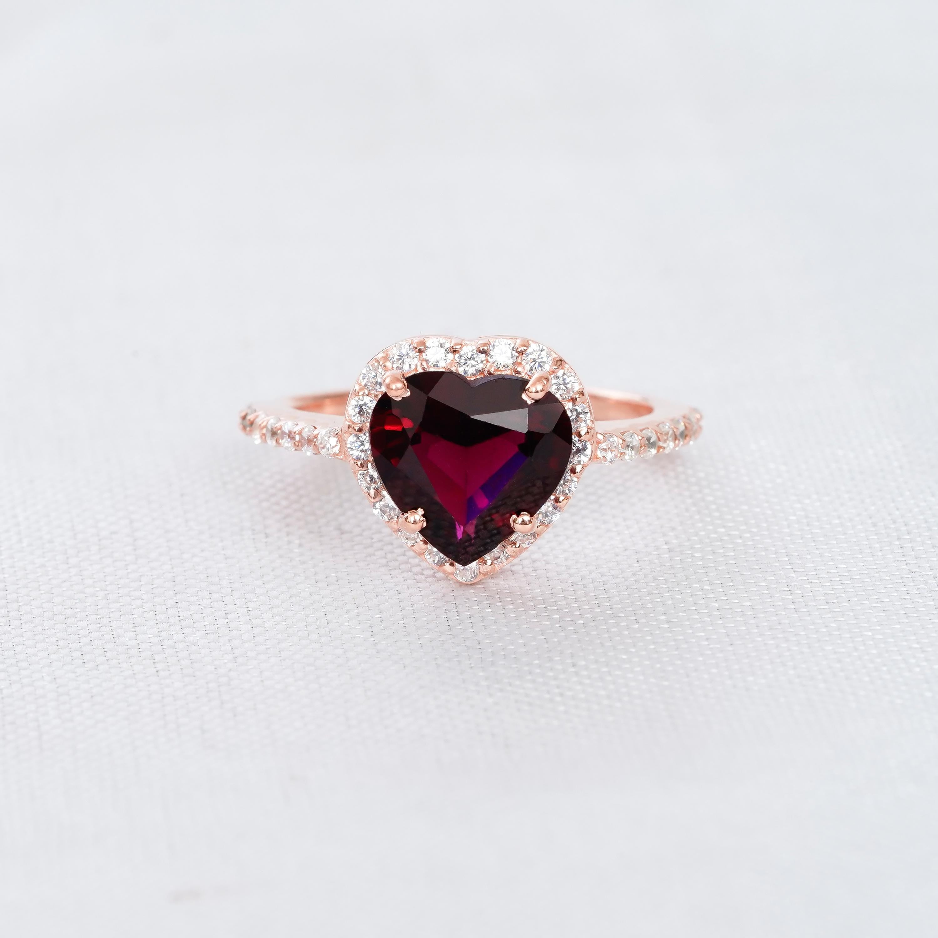 Heart Garnet Engagement Ring, 925 Sterling Silver Halo Solitaire