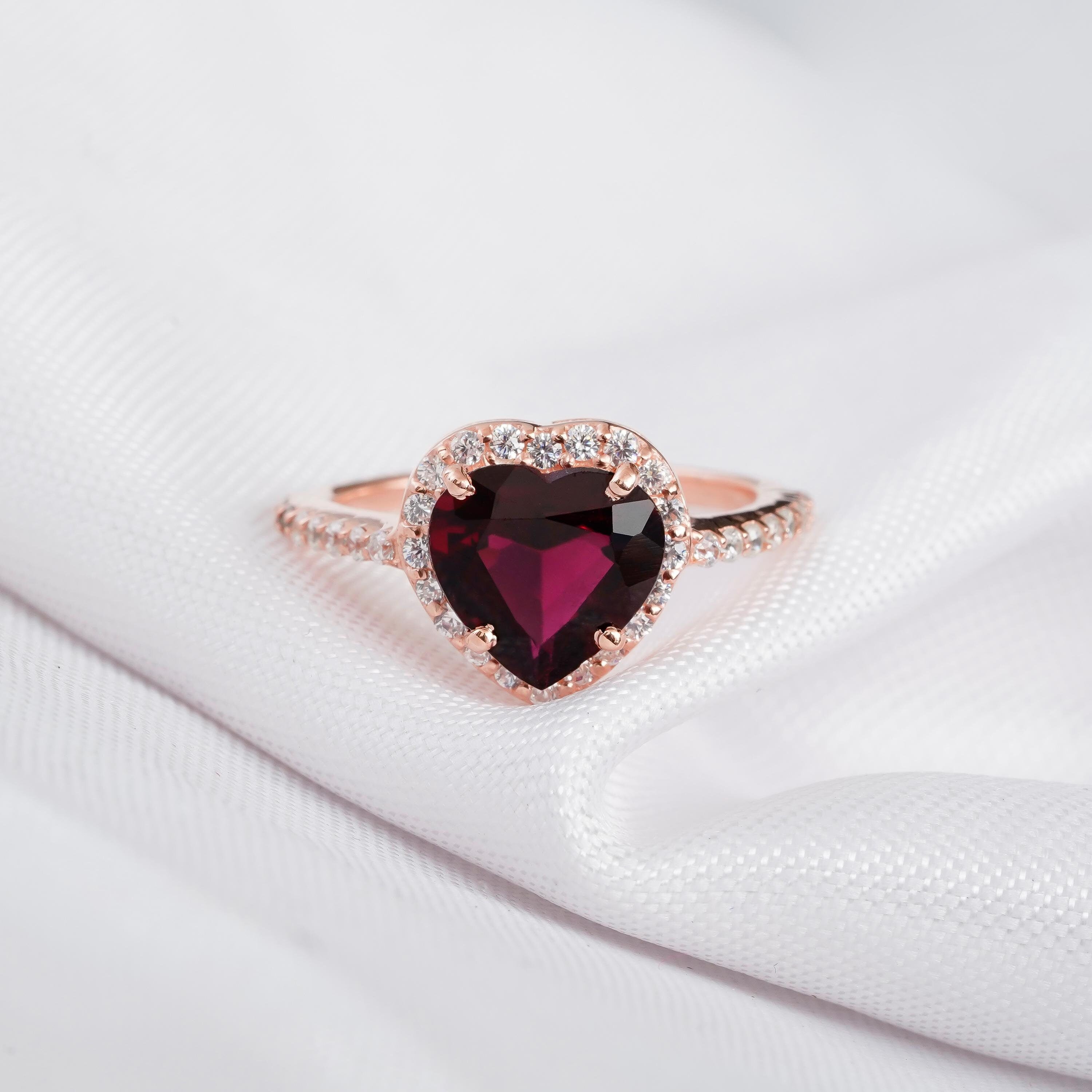 Heart Garnet Engagement Ring, 925 Sterling Silver Halo Solitaire