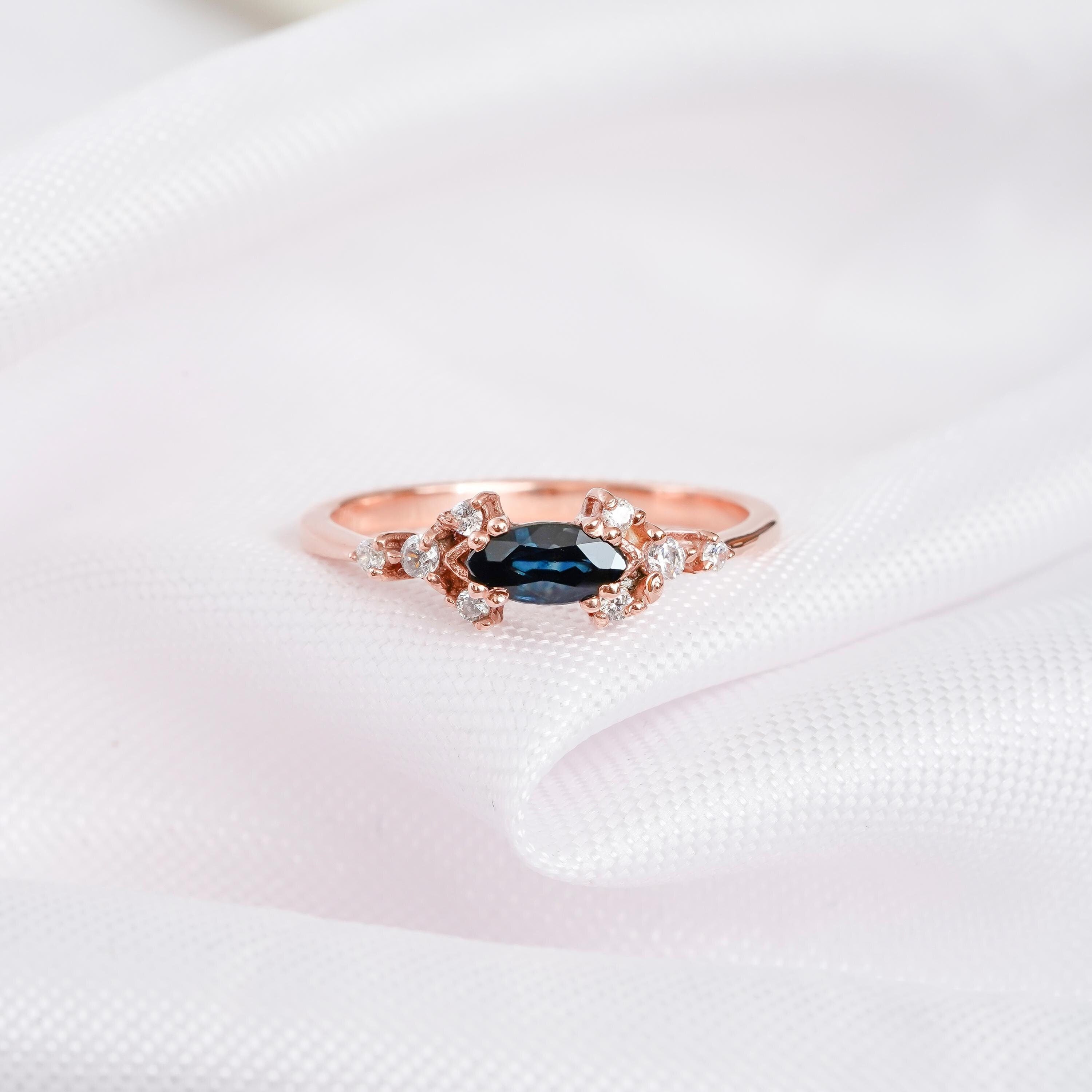 Marquise Simulated Blue Sapphire Ring, 925 Sterling Silver, Vintage Halo