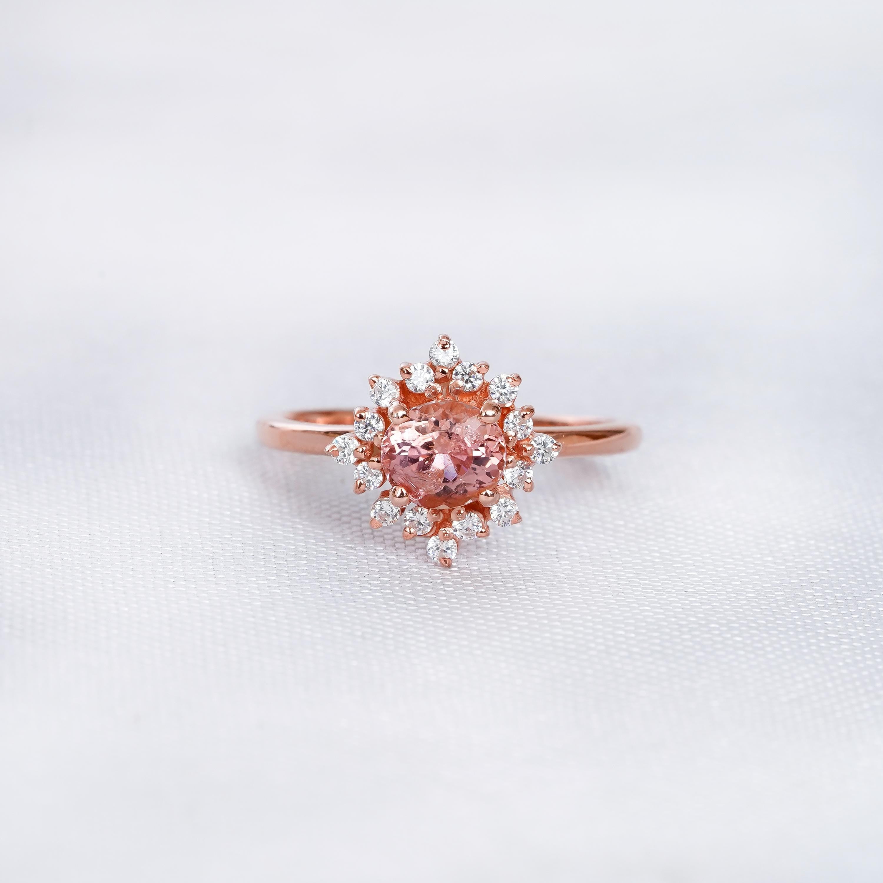 Morganite Engagement Ring, Sterling Silver Flower Halo, Art Deco Ring