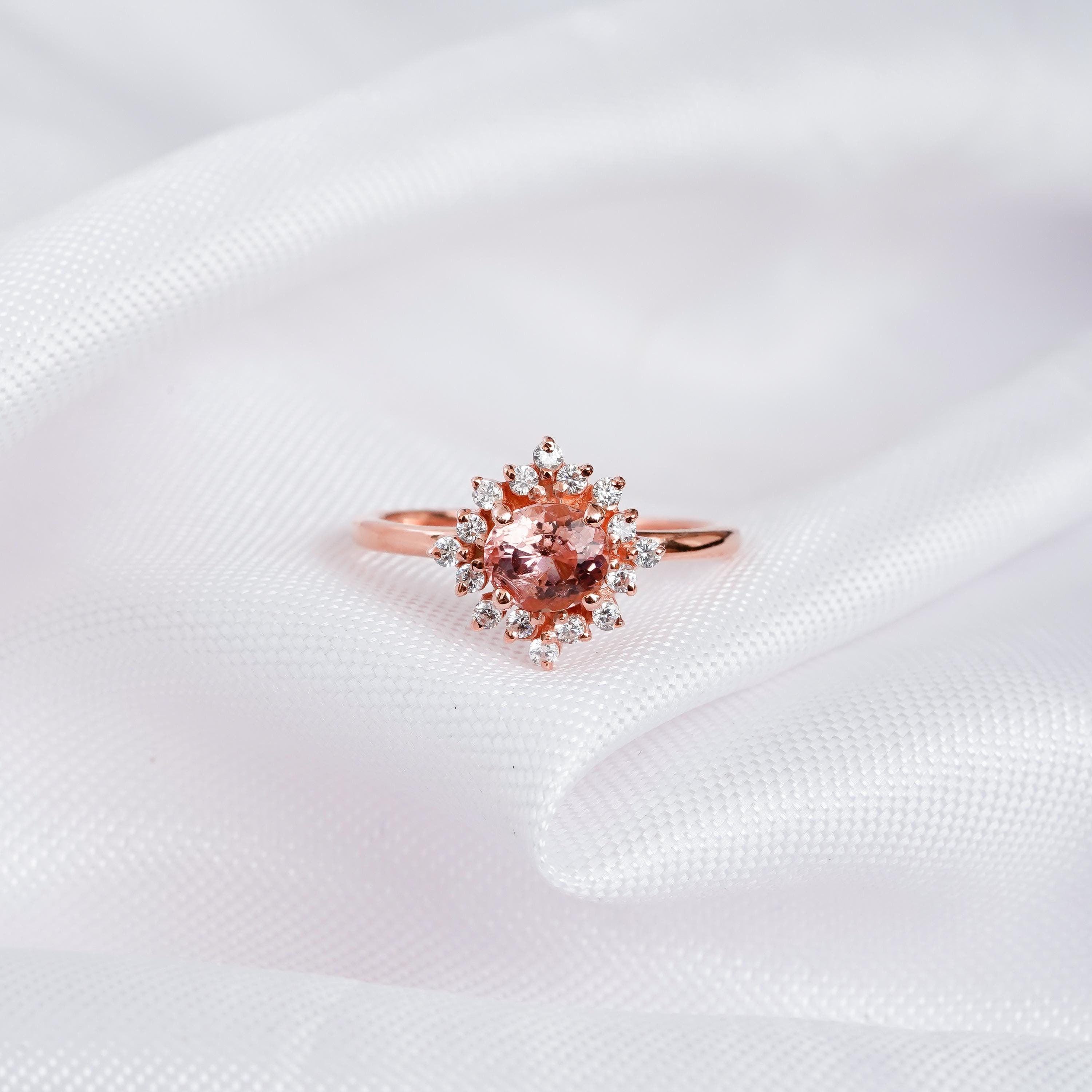 Morganite Engagement Ring, Sterling Silver Flower Halo, Art Deco Ring