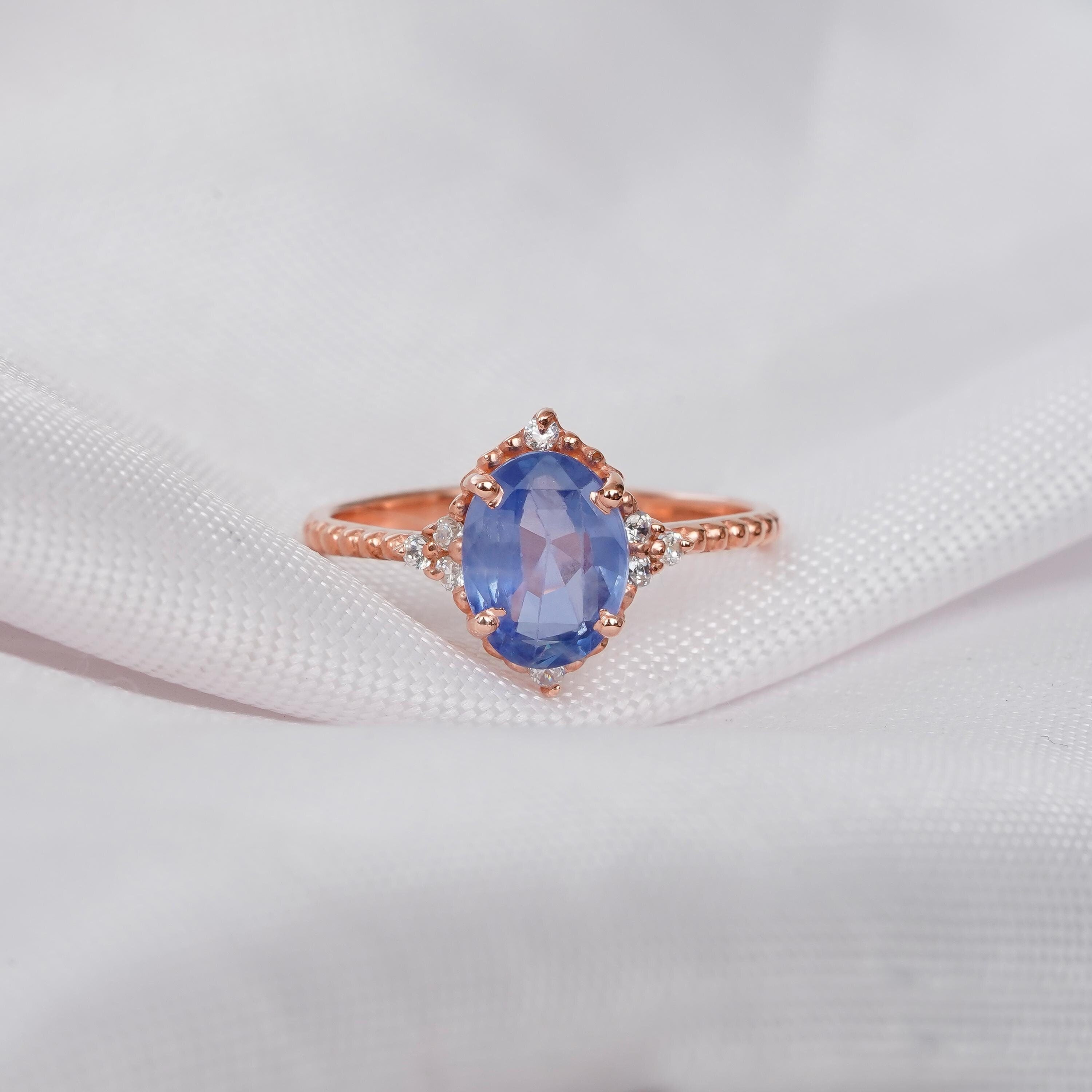 Oval Blue Sapphire Ring, Sterling Silver Halo, Vintage Engagement