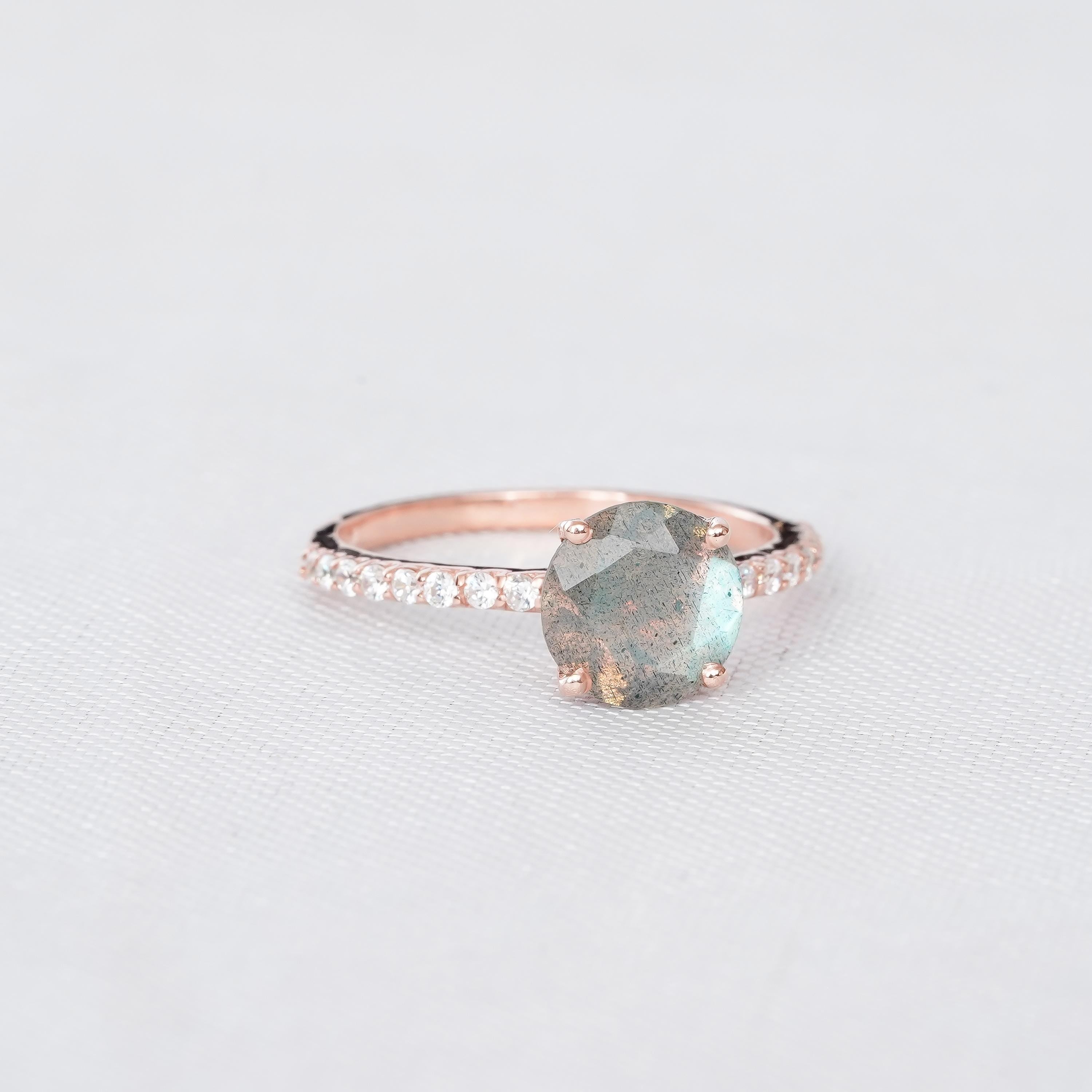 Labradorite Sterling Silver Ring, Round Rainbow Flash Halo Ring