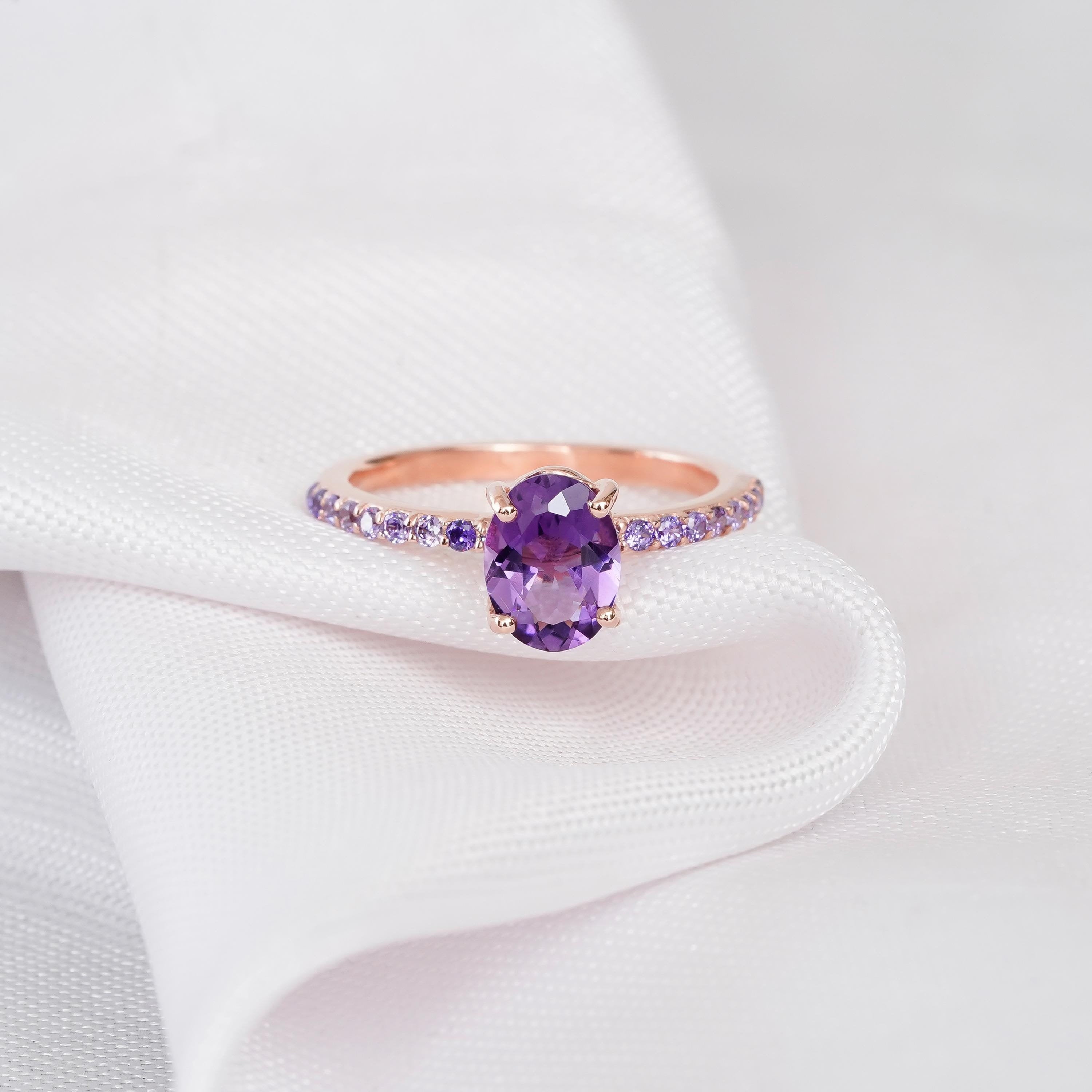 Oval Amethyst Ring, Sterling Silver Purple Engagement Ring