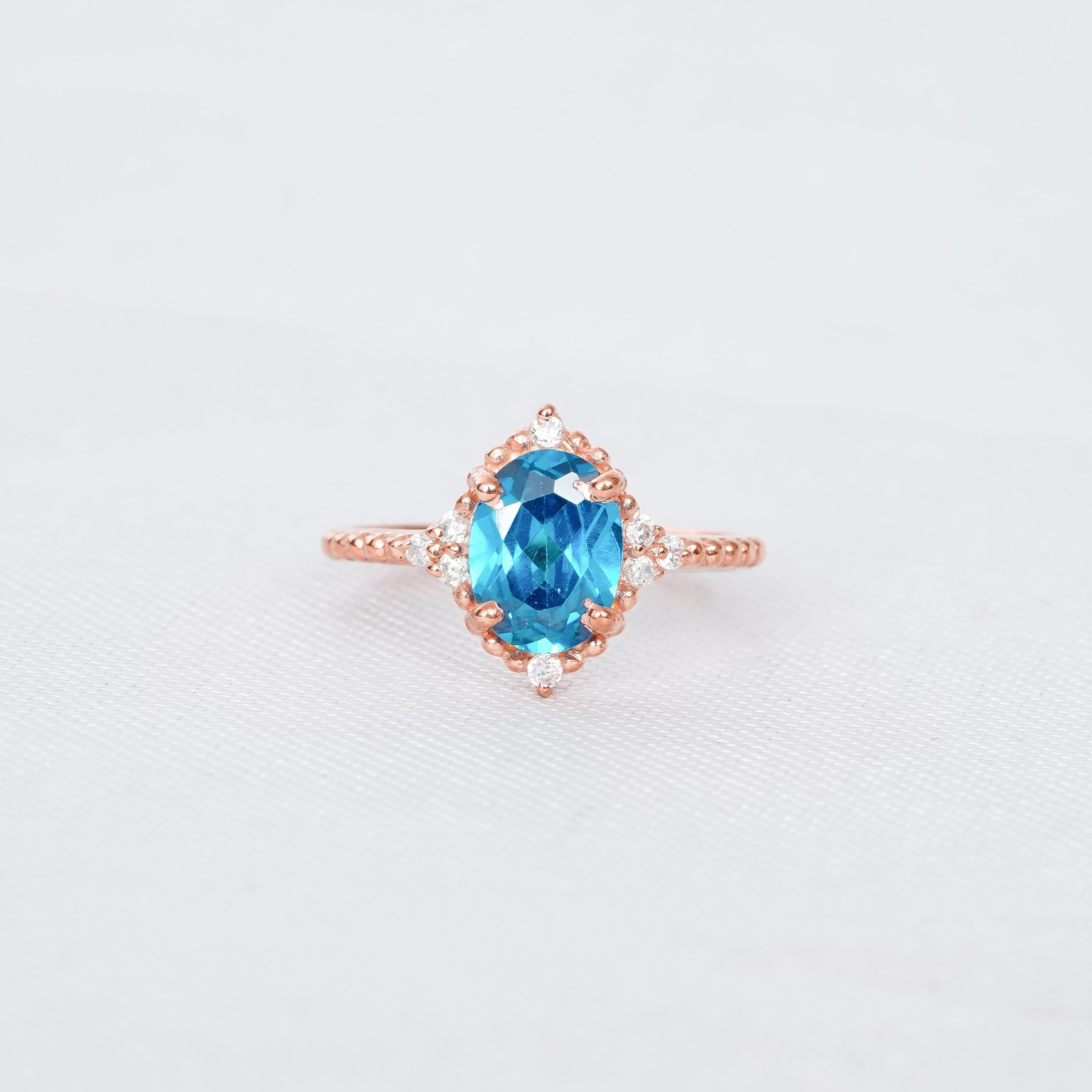 Swiss Blue Topaz Ring, 925 Sterling Silver, Flower Halo, Vintage Solitaire