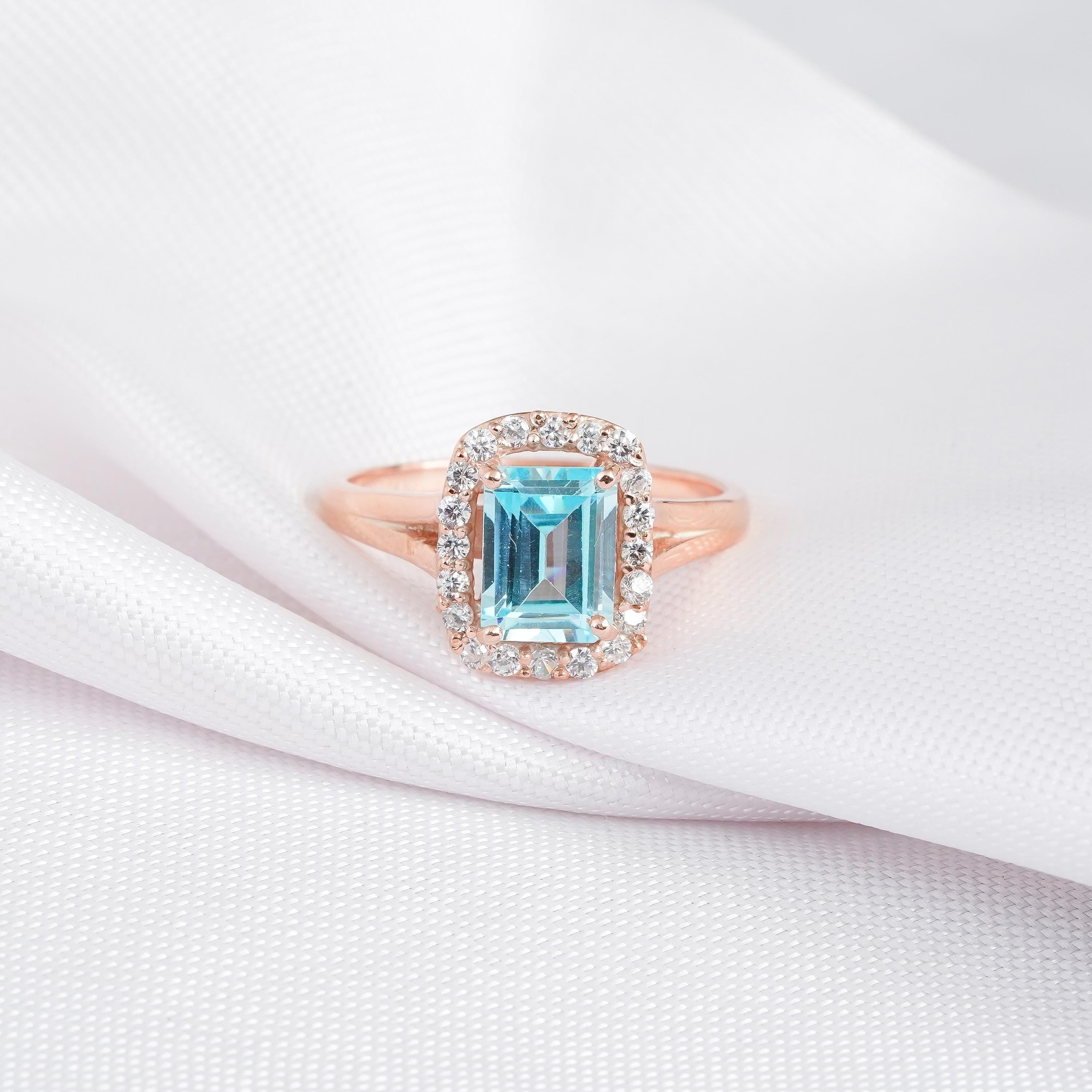 Emerald Cut Aquamarine Ring, Halo Sterling Silver, Vintage Engagement