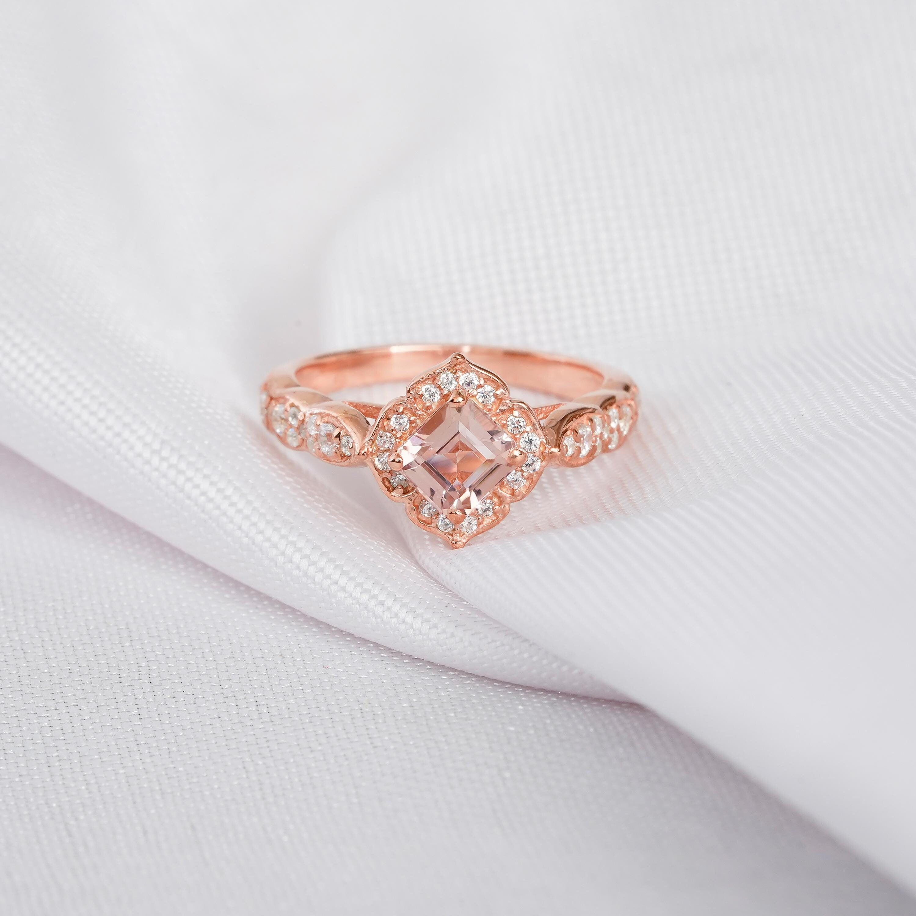 Princess Cut Peach Morganite Ring, Sterling Silver Halo Milgrain Engagement