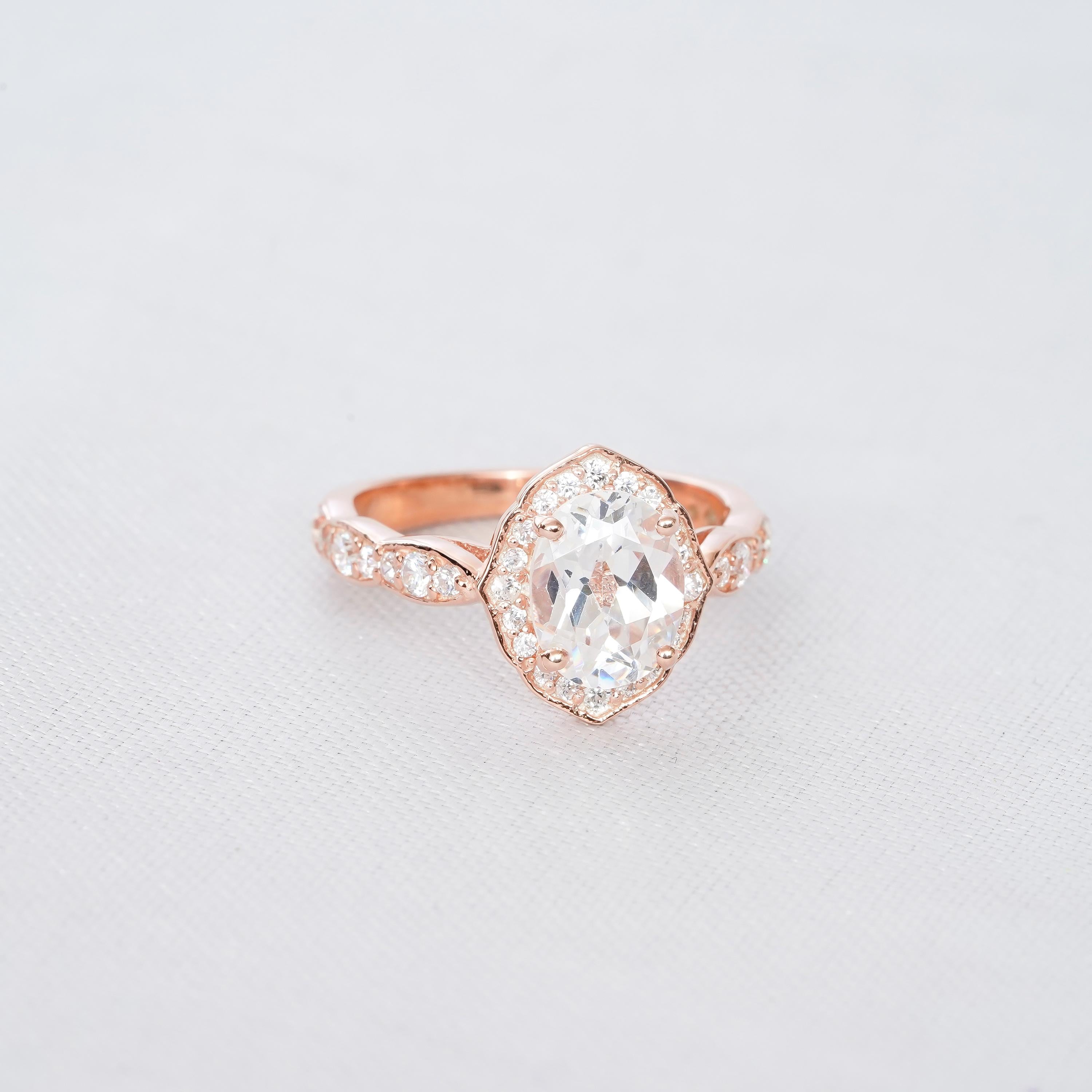 Oval Moissanite Engagement Ring, Flower Halo, Sterling Silver