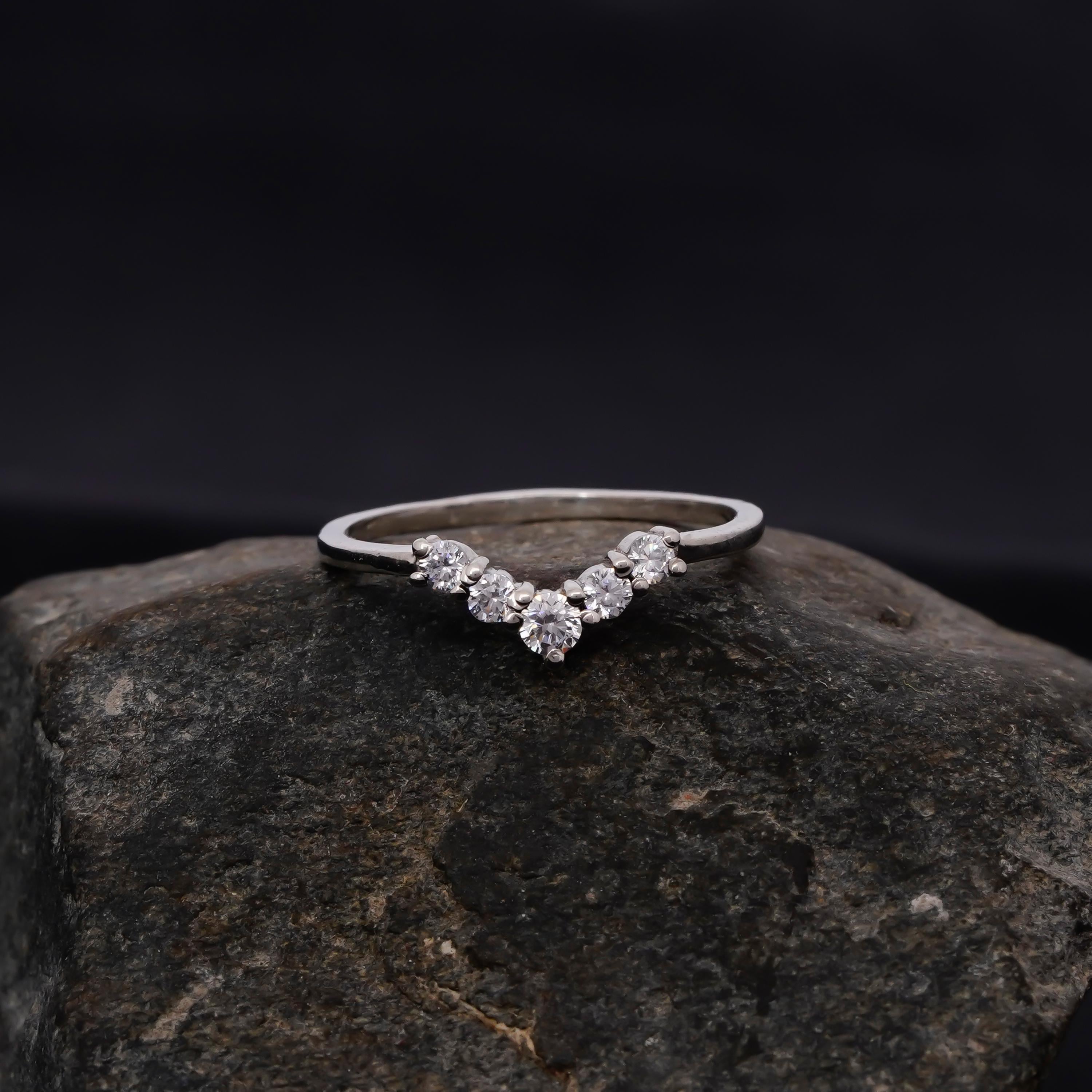 Moissanite Sterling Silver Wedding Band - Curved V Stacking Ring