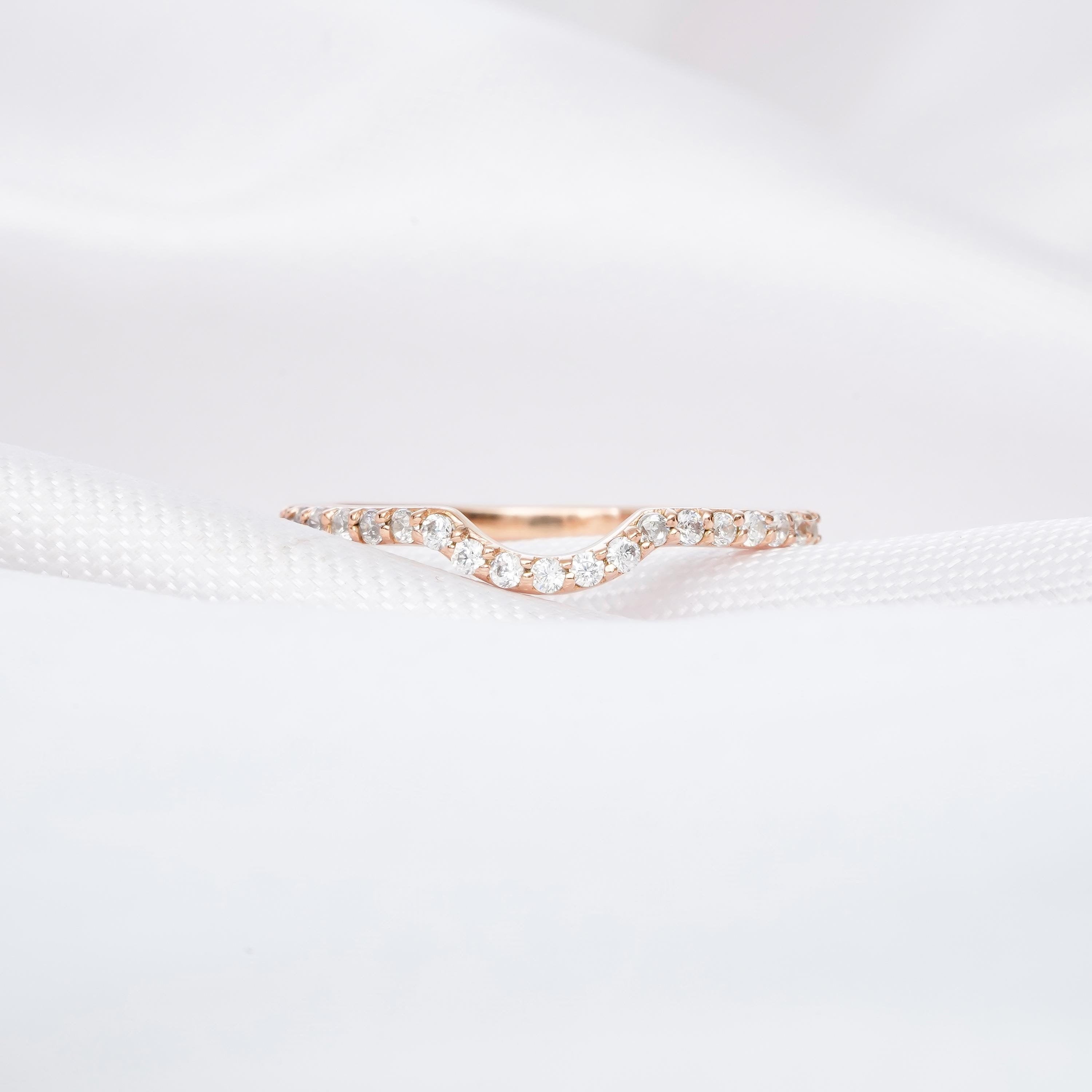 Moissanite Sterling Silver Curved Wedding Band, Minimalist Anniversary Stacking Ring