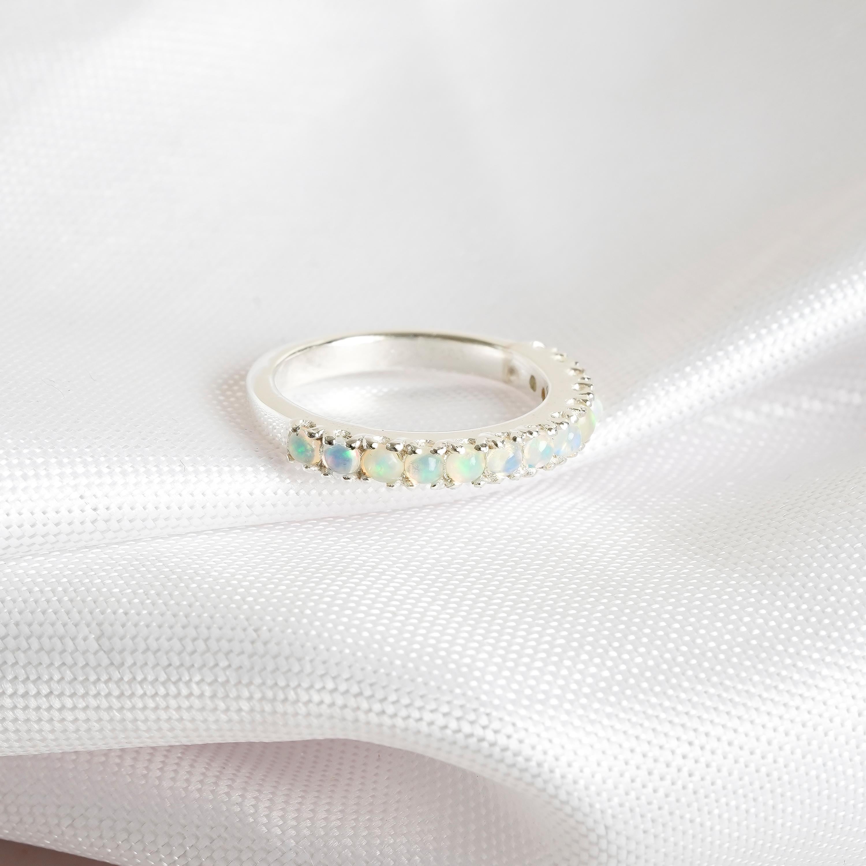 Opal Wedding Band, 925 Sterling Silver Pave Anniversary Ring