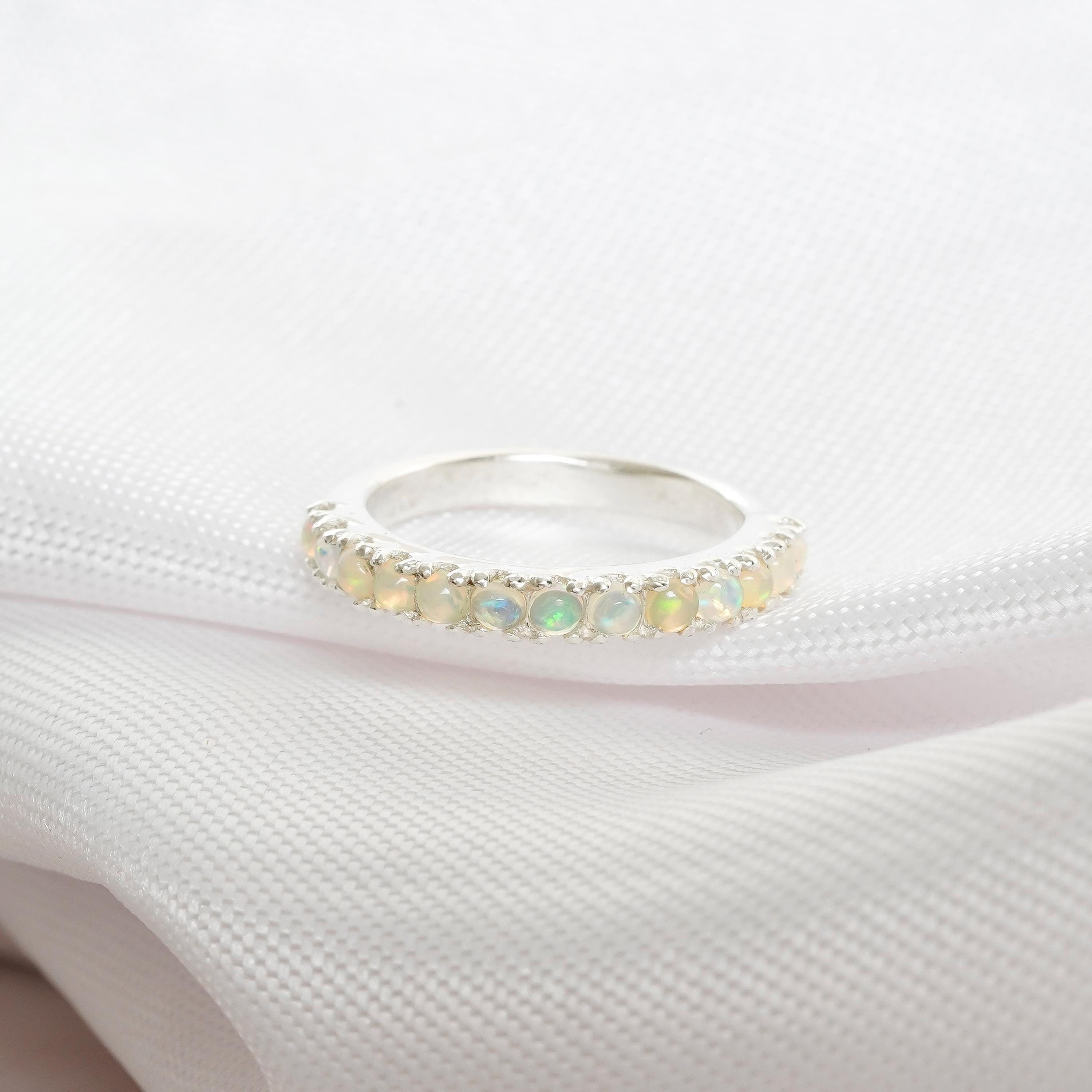 Opal Wedding Band, 925 Sterling Silver Pave Anniversary Ring