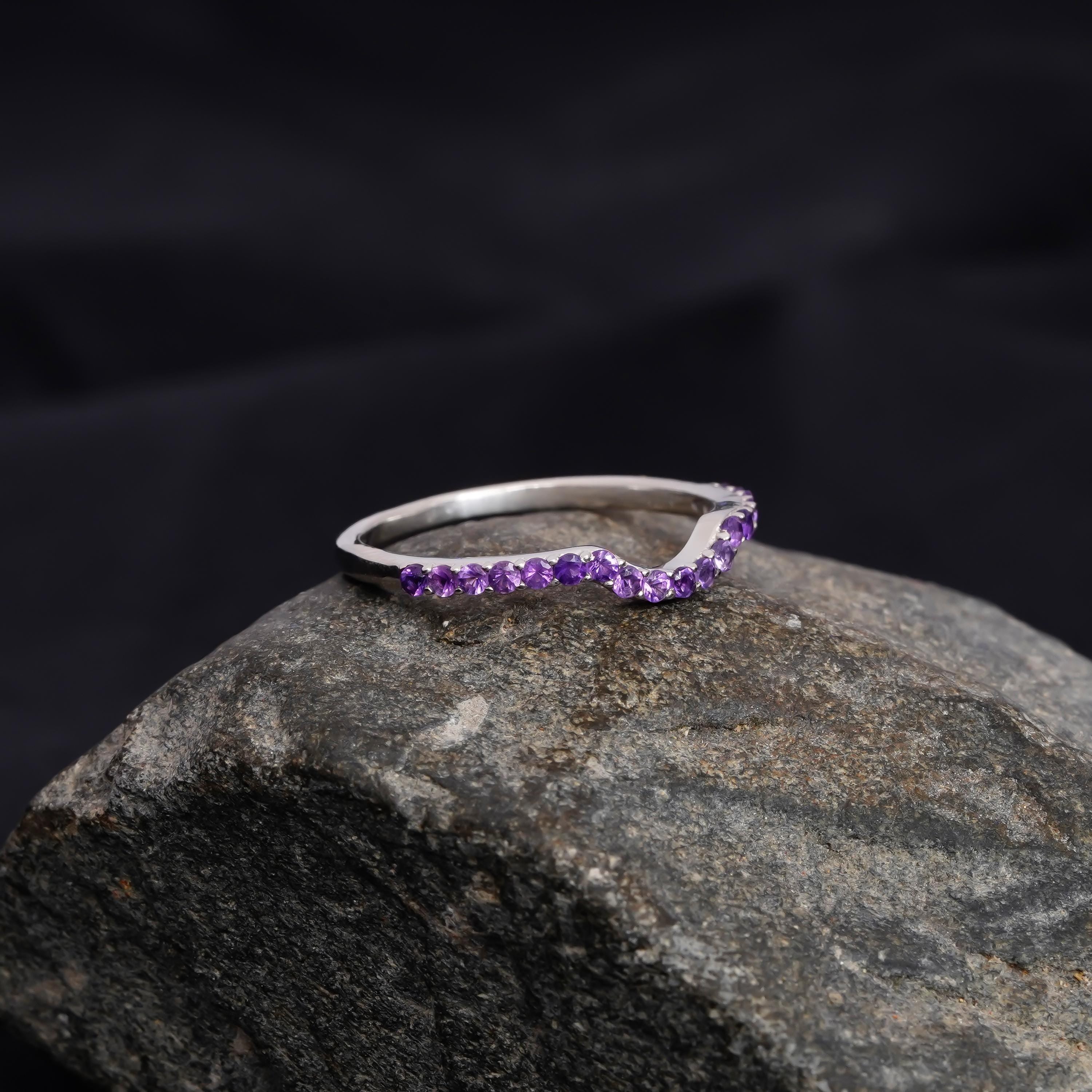 Amethyst Sterling Silver Wedding Band - Curved Stackable Ring