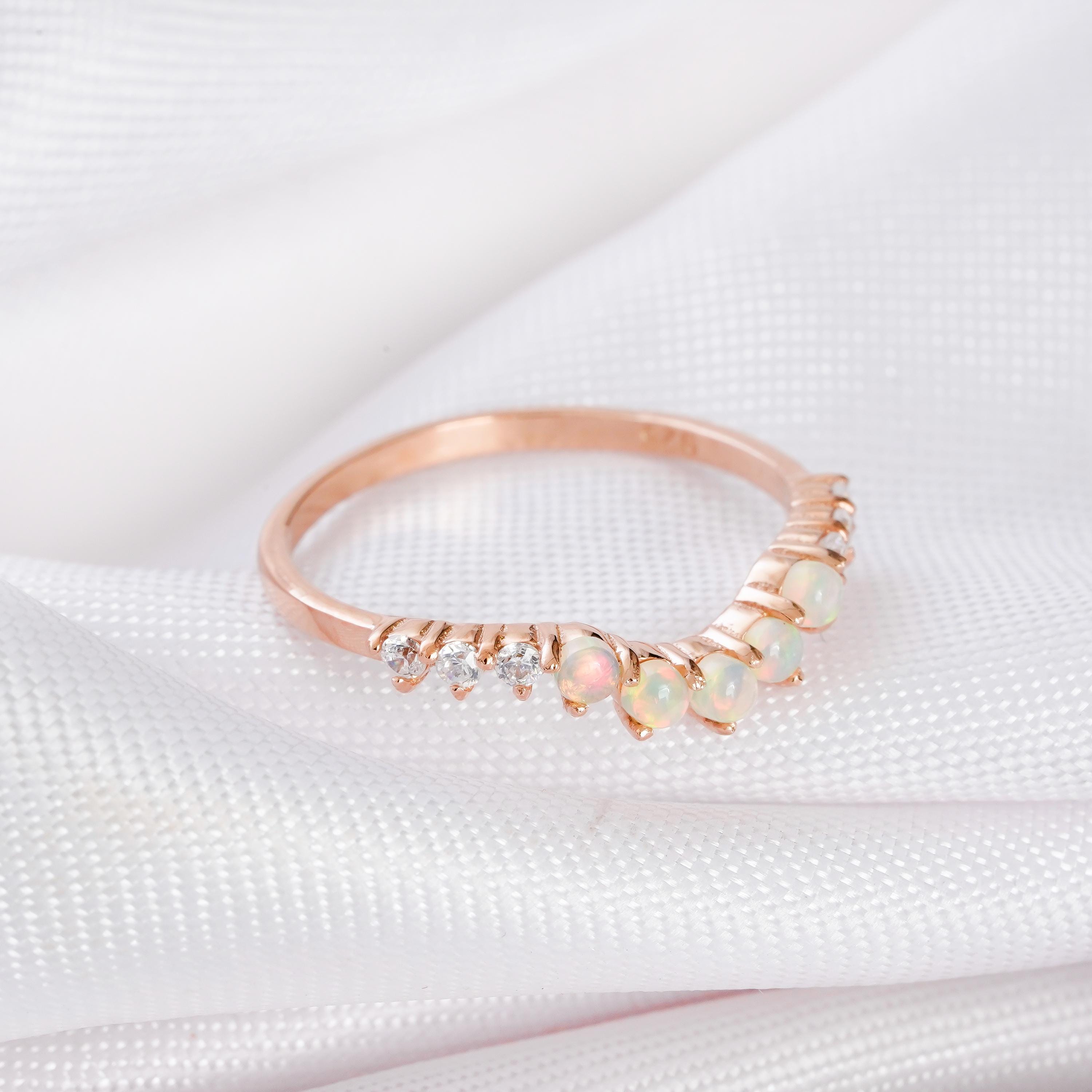 Opal Sterling Silver Wedding Band with Moissanites