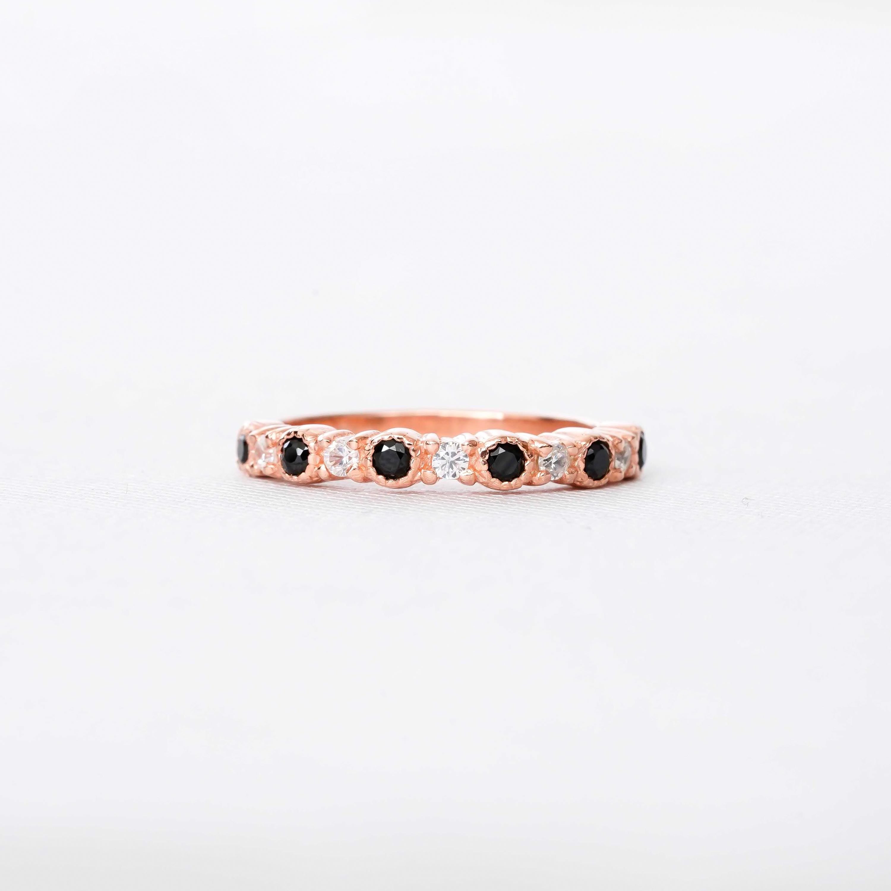 Black Onyx Sterling Silver Band with Moissanites - Dainty Milgrain Wedding Ring