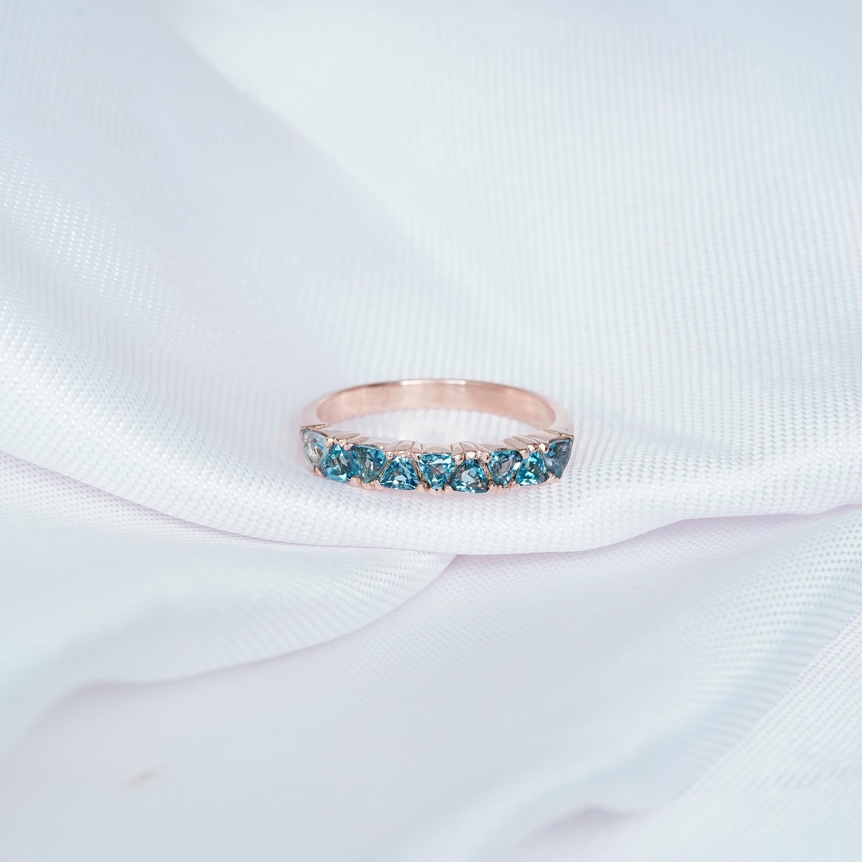 Blue Topaz Wedding Band, Sterling Silver Trilliant Cut Ring