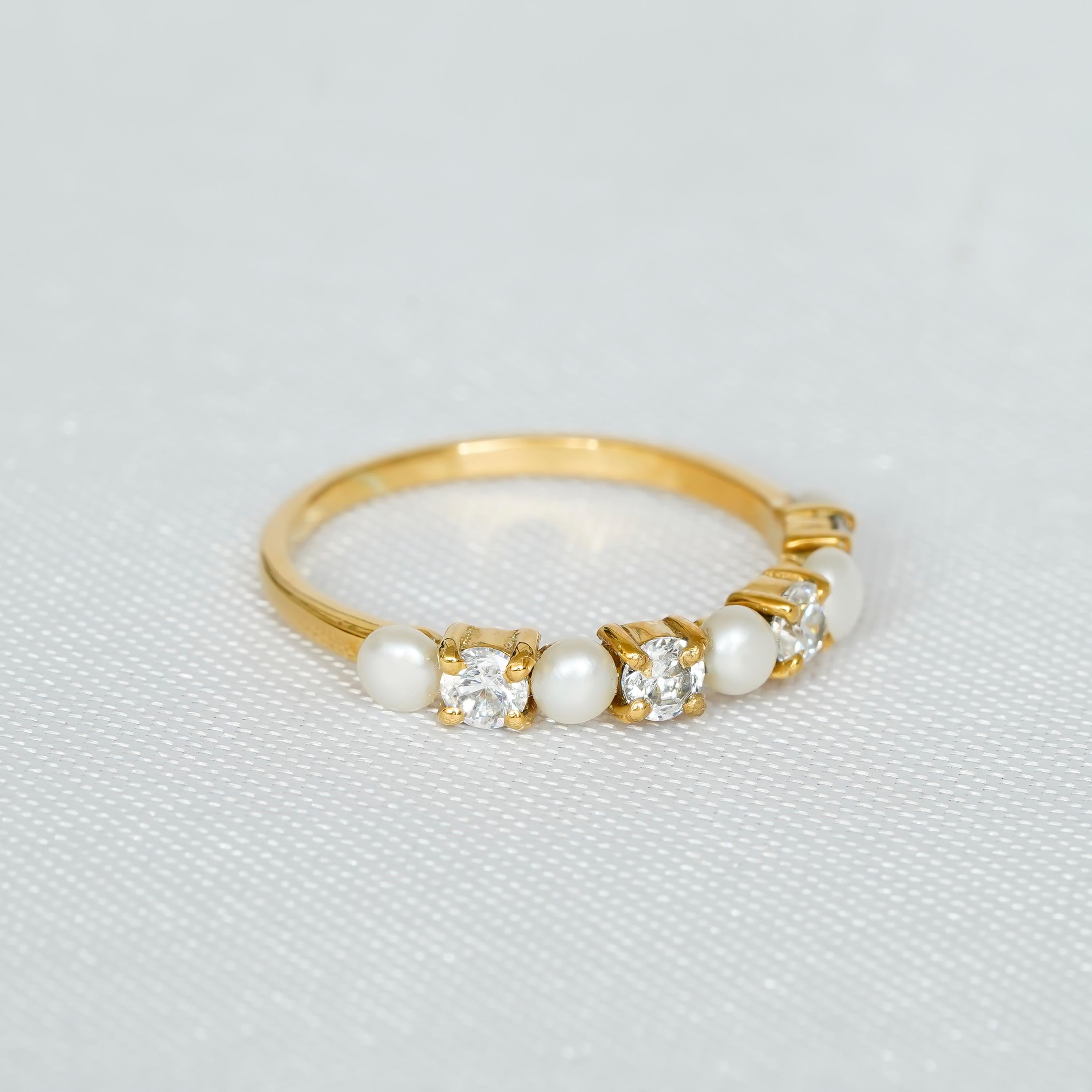 Pearl Wedding Band, Sterling Silver Moissanite Half Eternity Ring