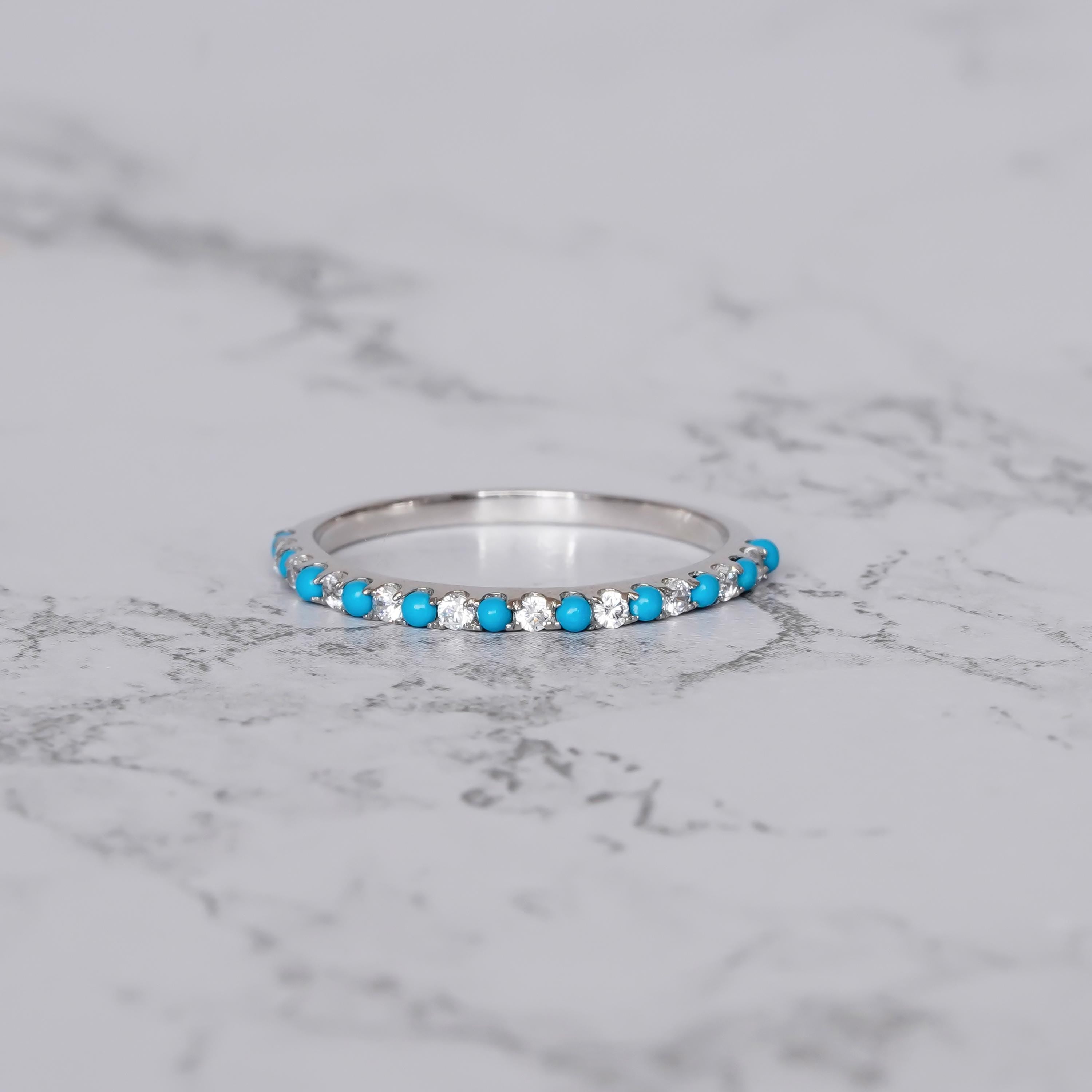 Turquoise Moissanite Eternity Band, 925 Sterling Silver Ring