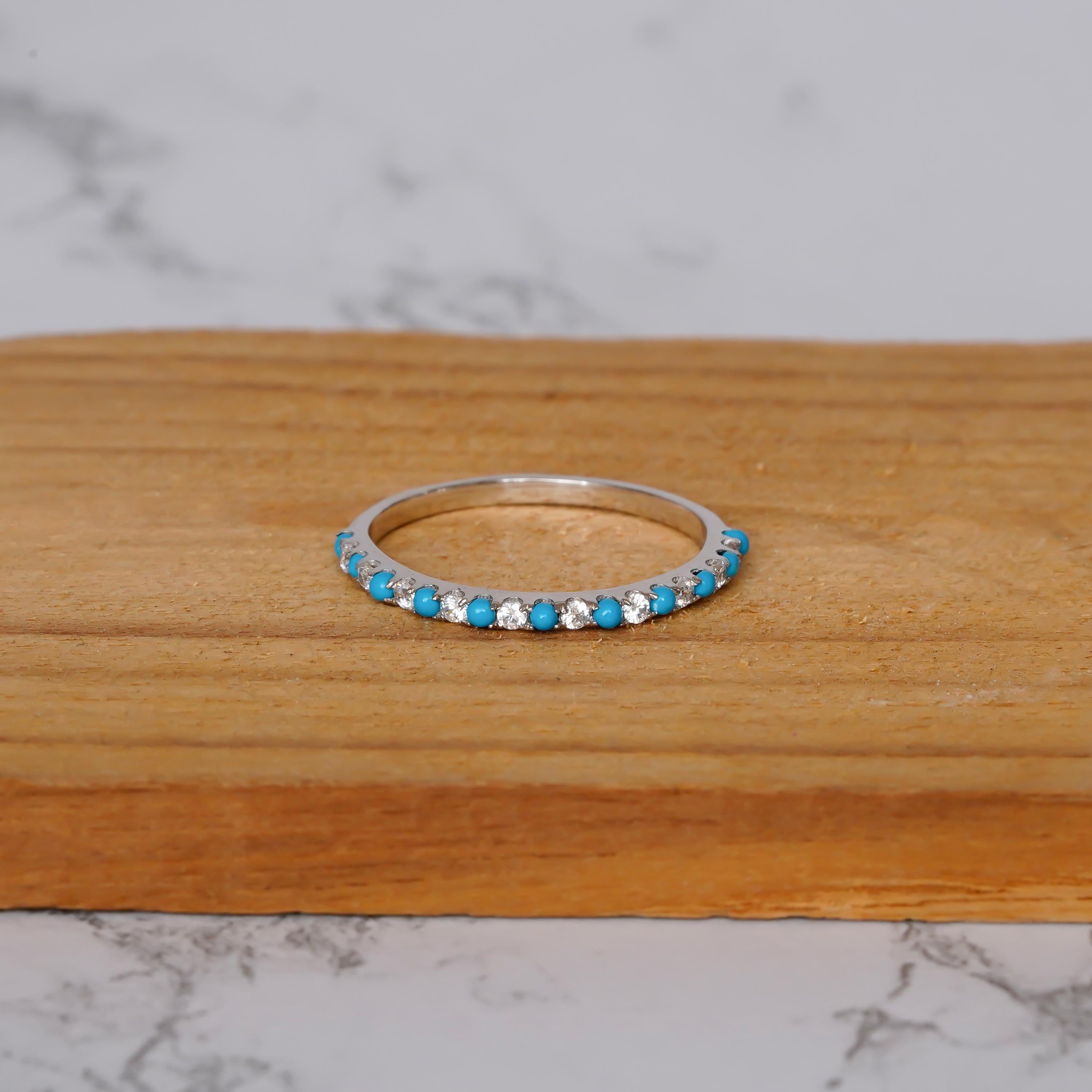 Turquoise Moissanite Eternity Band, 925 Sterling Silver Ring