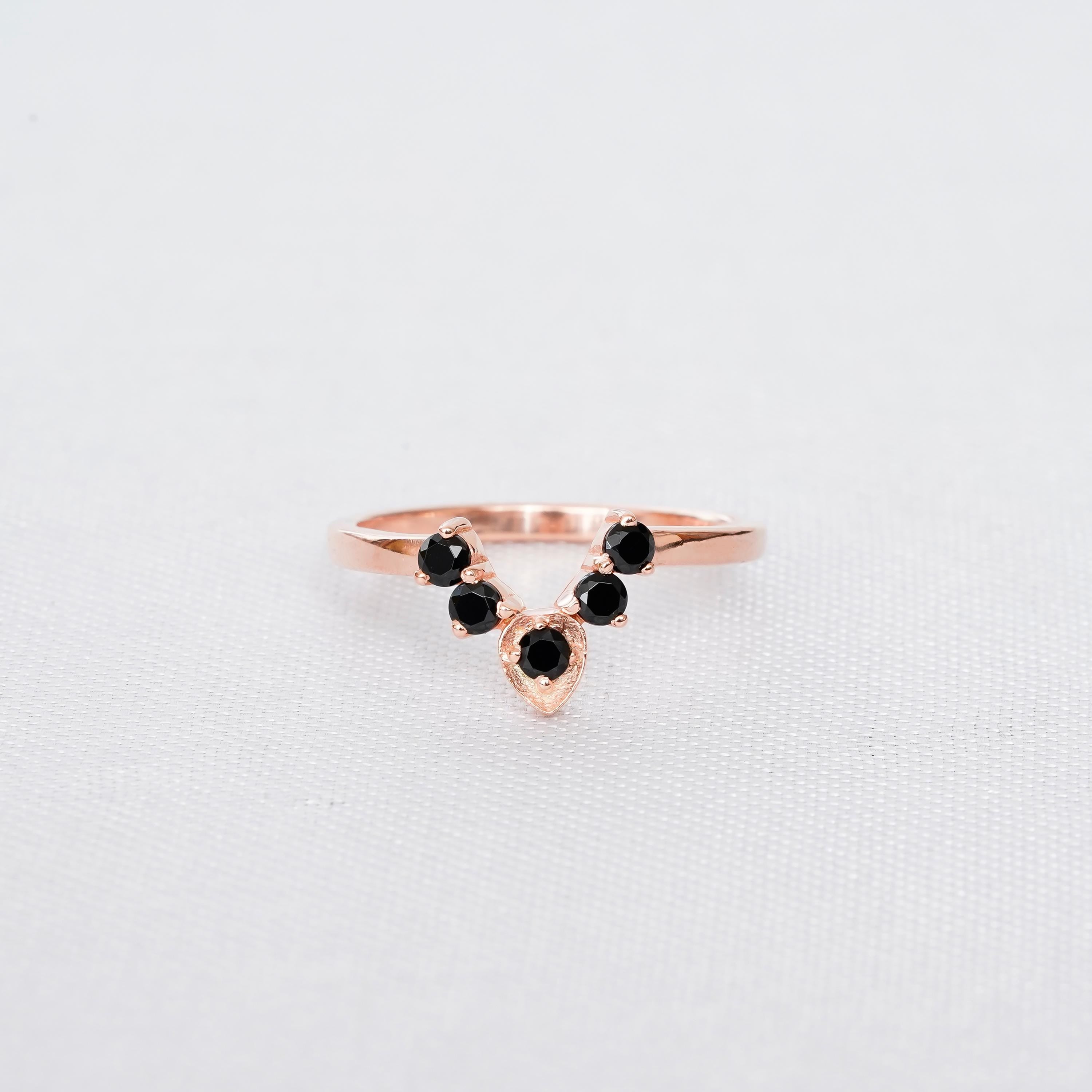 Black Onyx Chevron Ring, Sterling Silver V Wedding Band