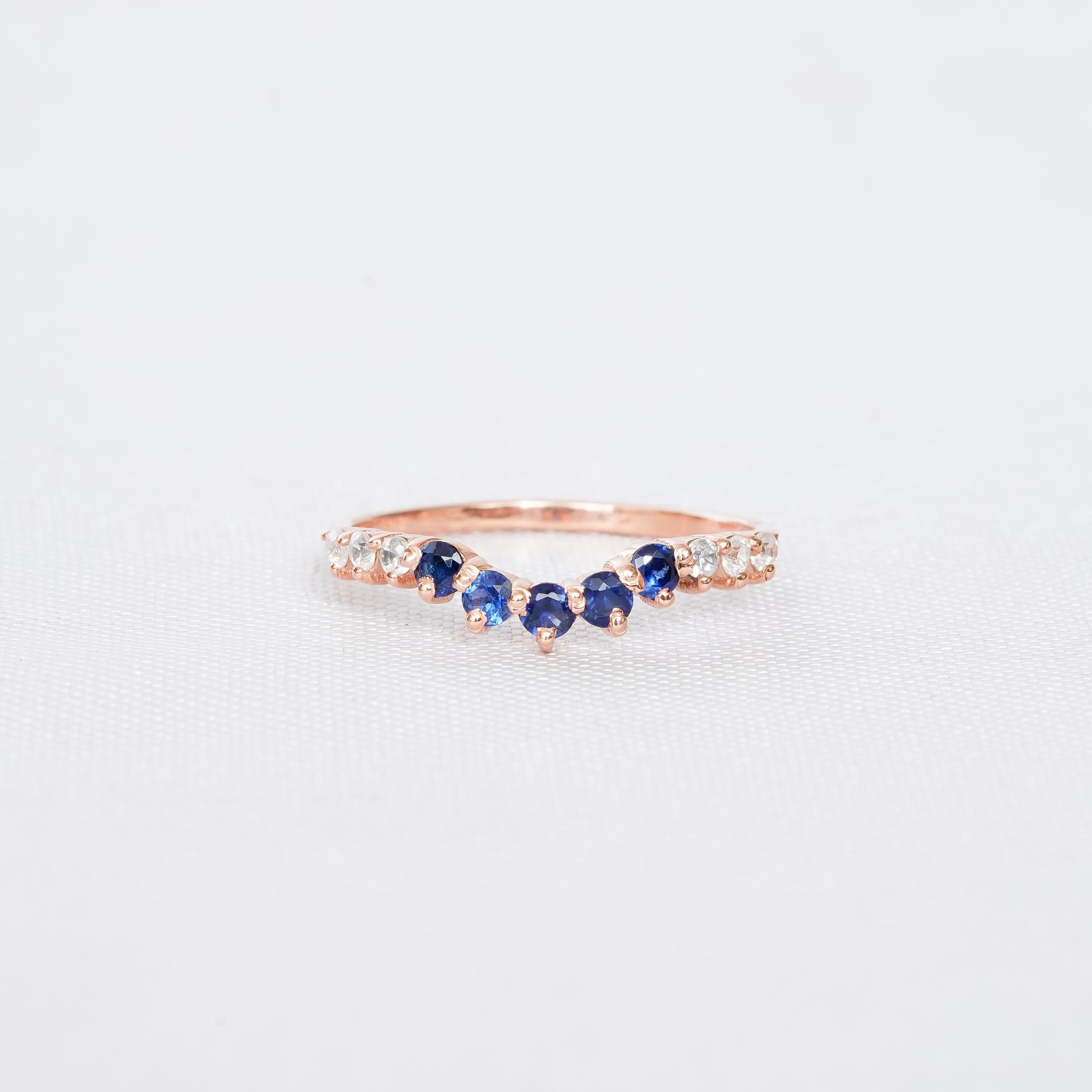 Blue Sapphire Sterling Silver Curved Wedding Band, Anniversary Ring