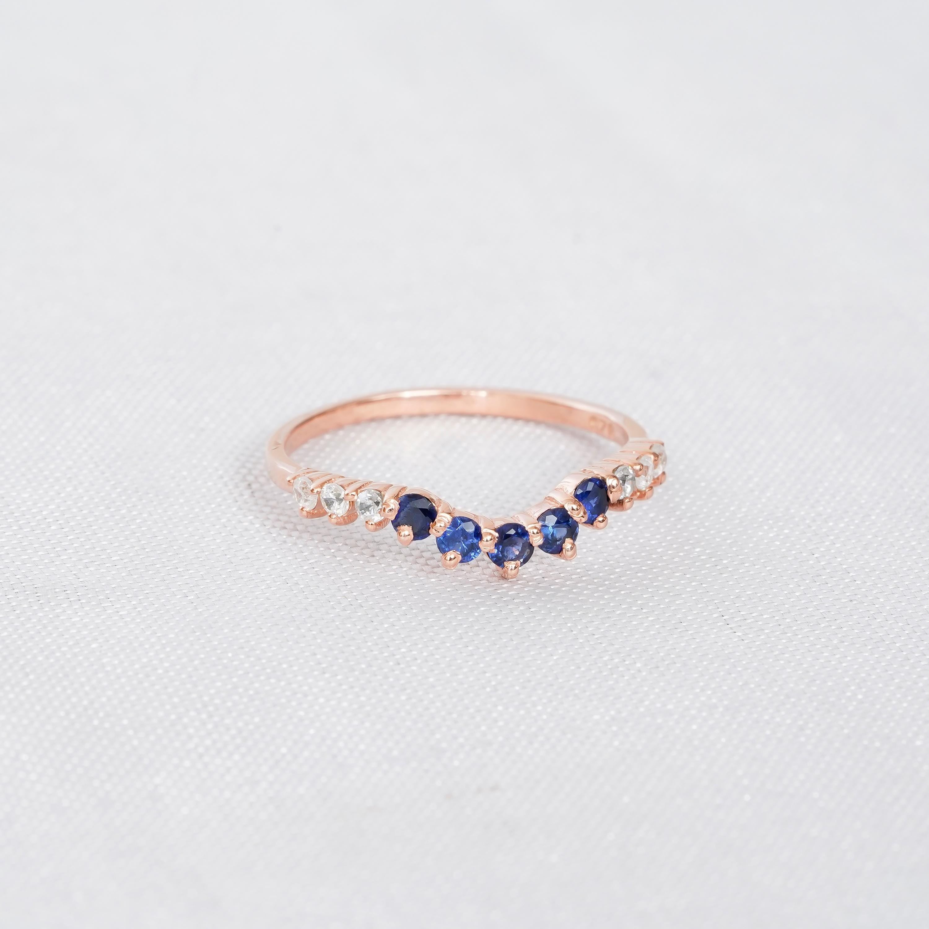 Blue Sapphire Sterling Silver Curved Wedding Band, Anniversary Ring