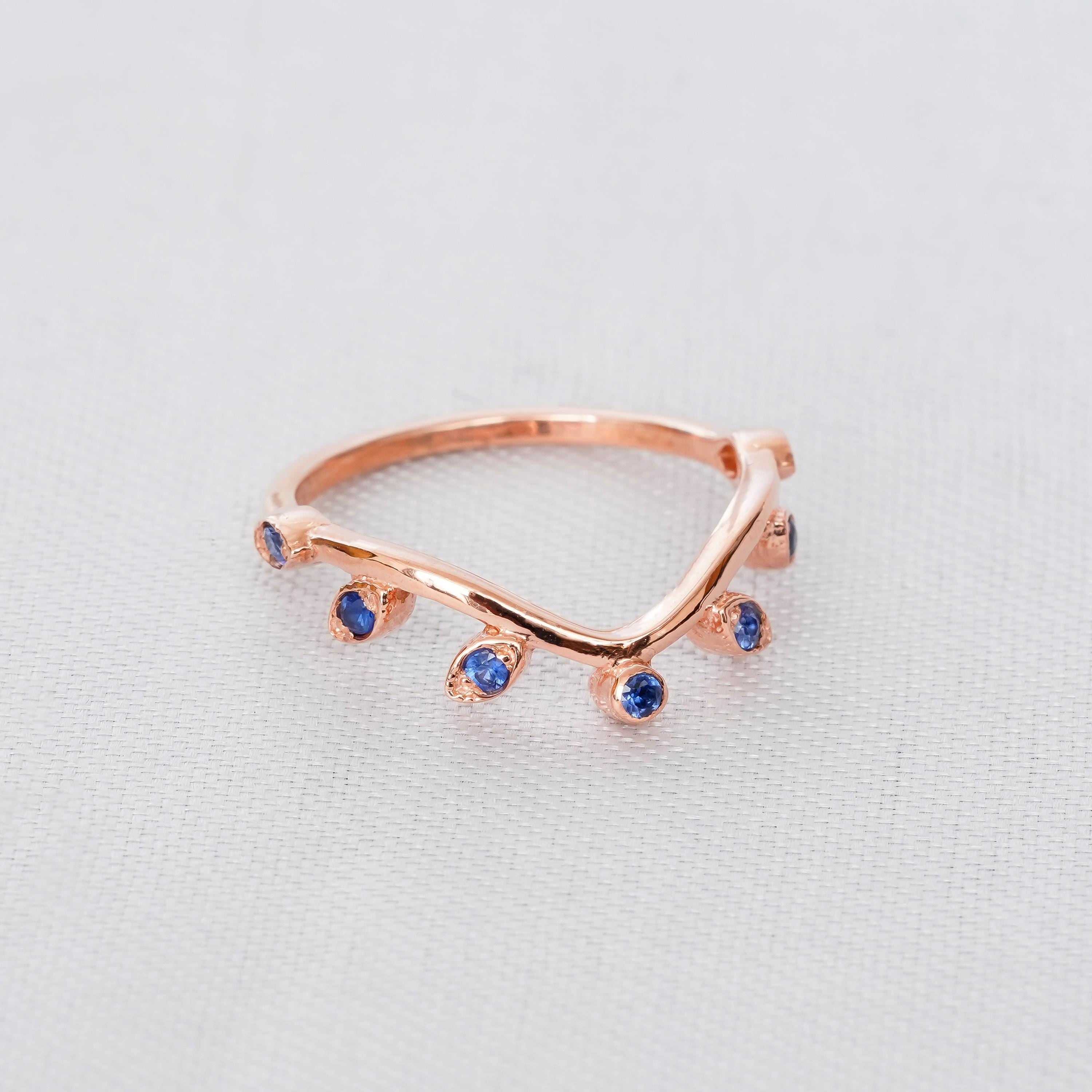 Blue Sapphire Leaf Ring, Sterling Silver Wedding Band