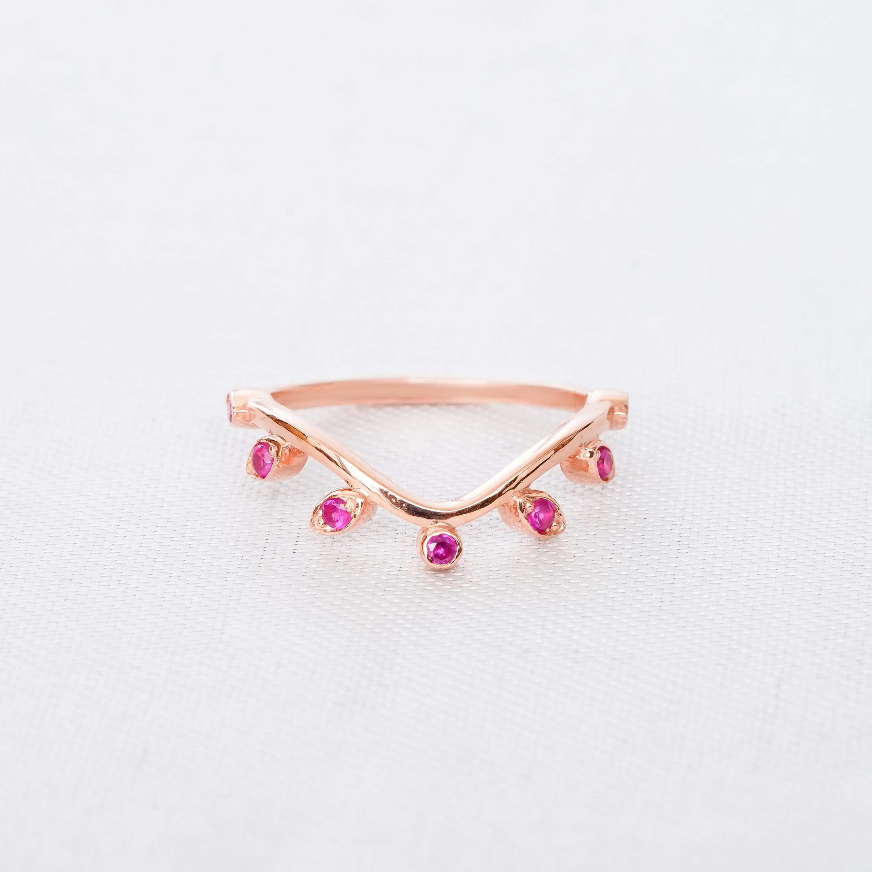 Ruby Leaf Sterling Silver Wedding Band, Dainty Anniversary Ring