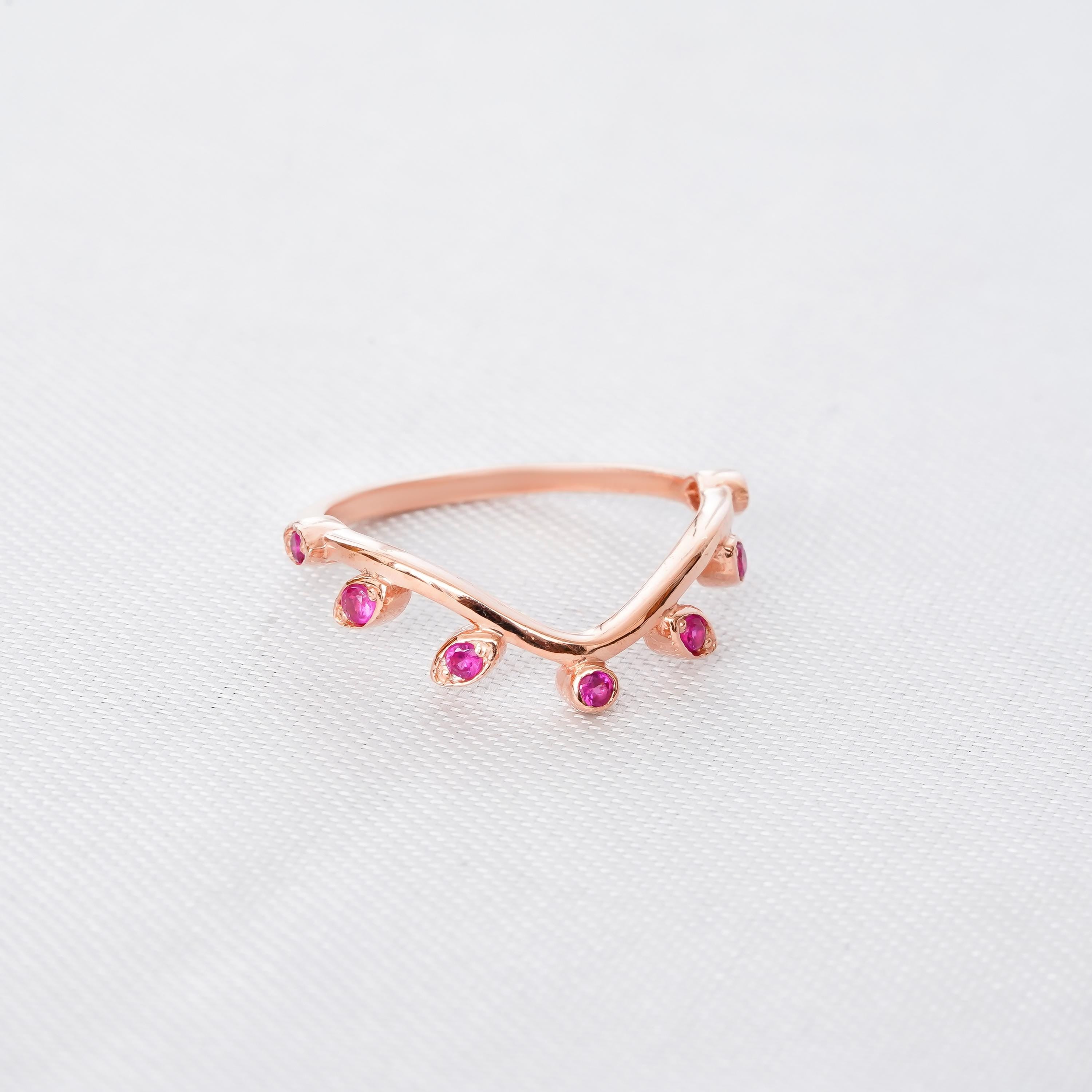 Ruby Leaf Sterling Silver Wedding Band, Dainty Anniversary Ring