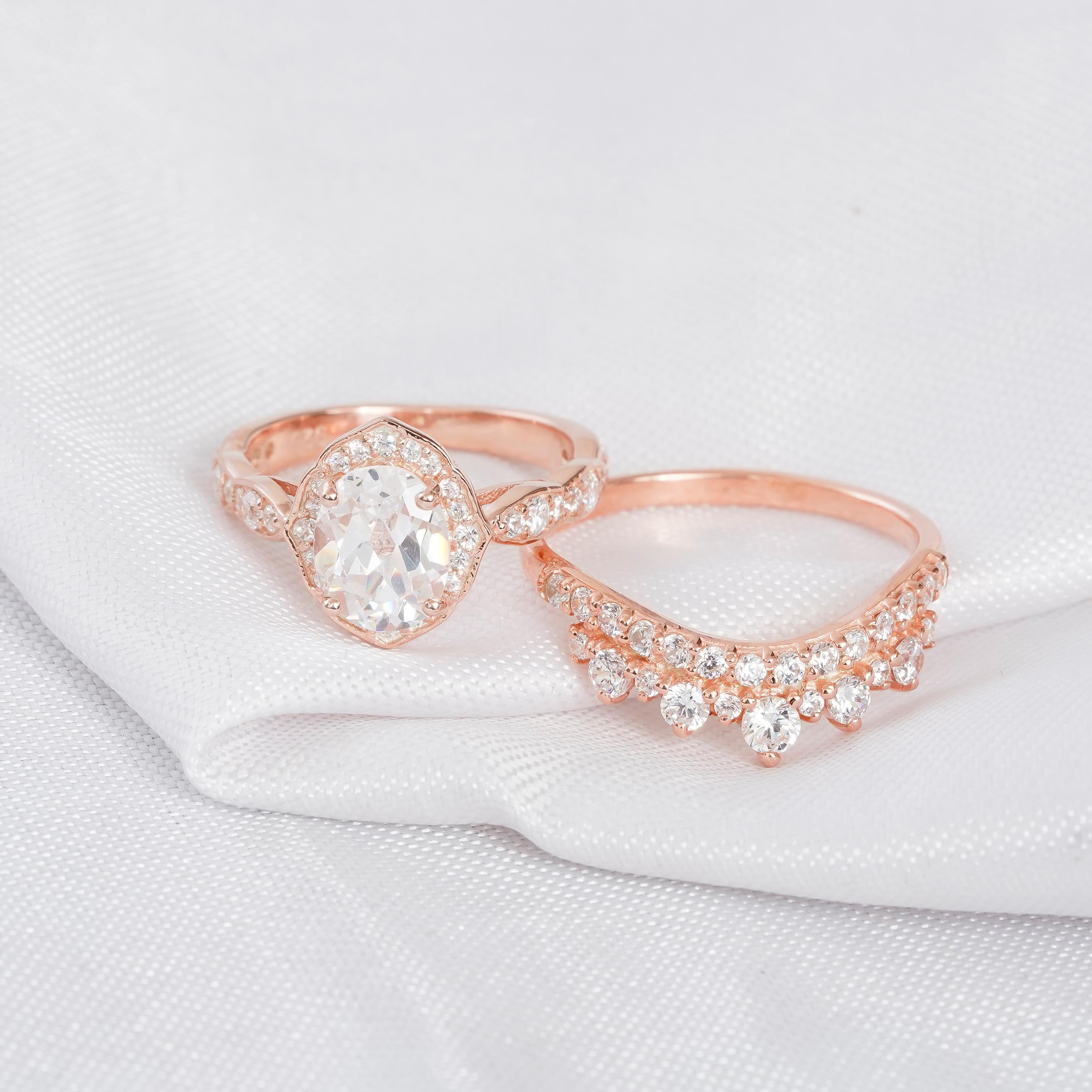 Moissanite Engagement Ring Set, Art Deco Bridal, 925 Sterling Silver