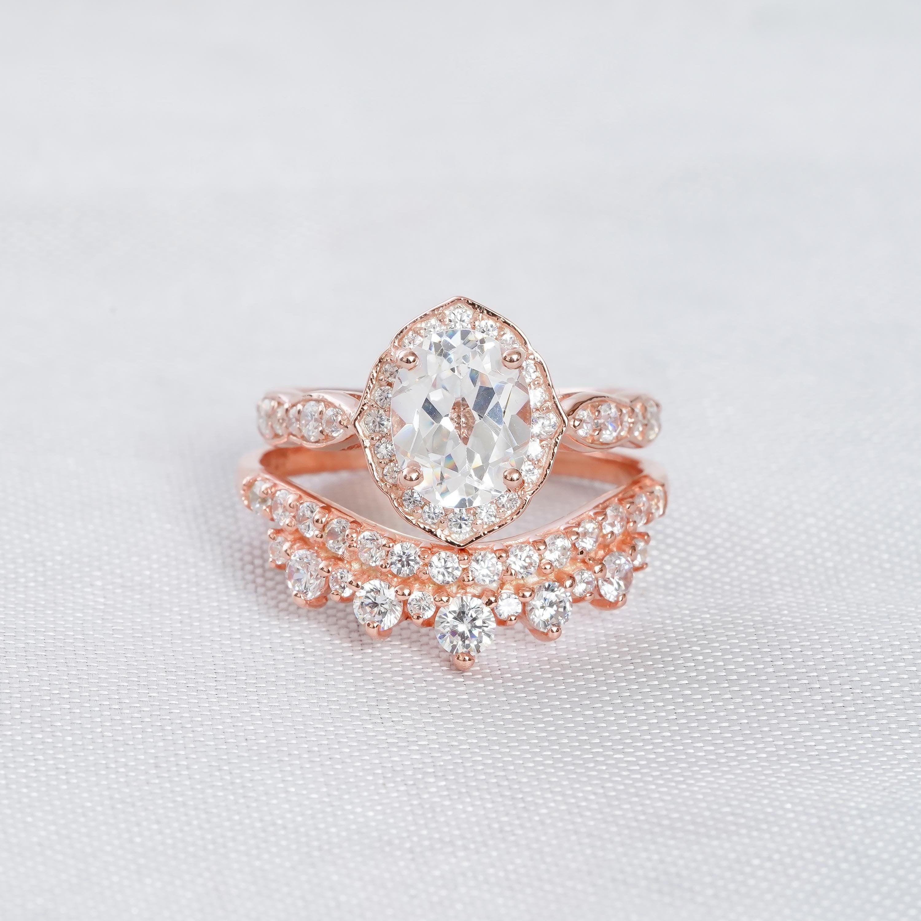 Moissanite Engagement Ring Set, Art Deco Bridal, 925 Sterling Silver