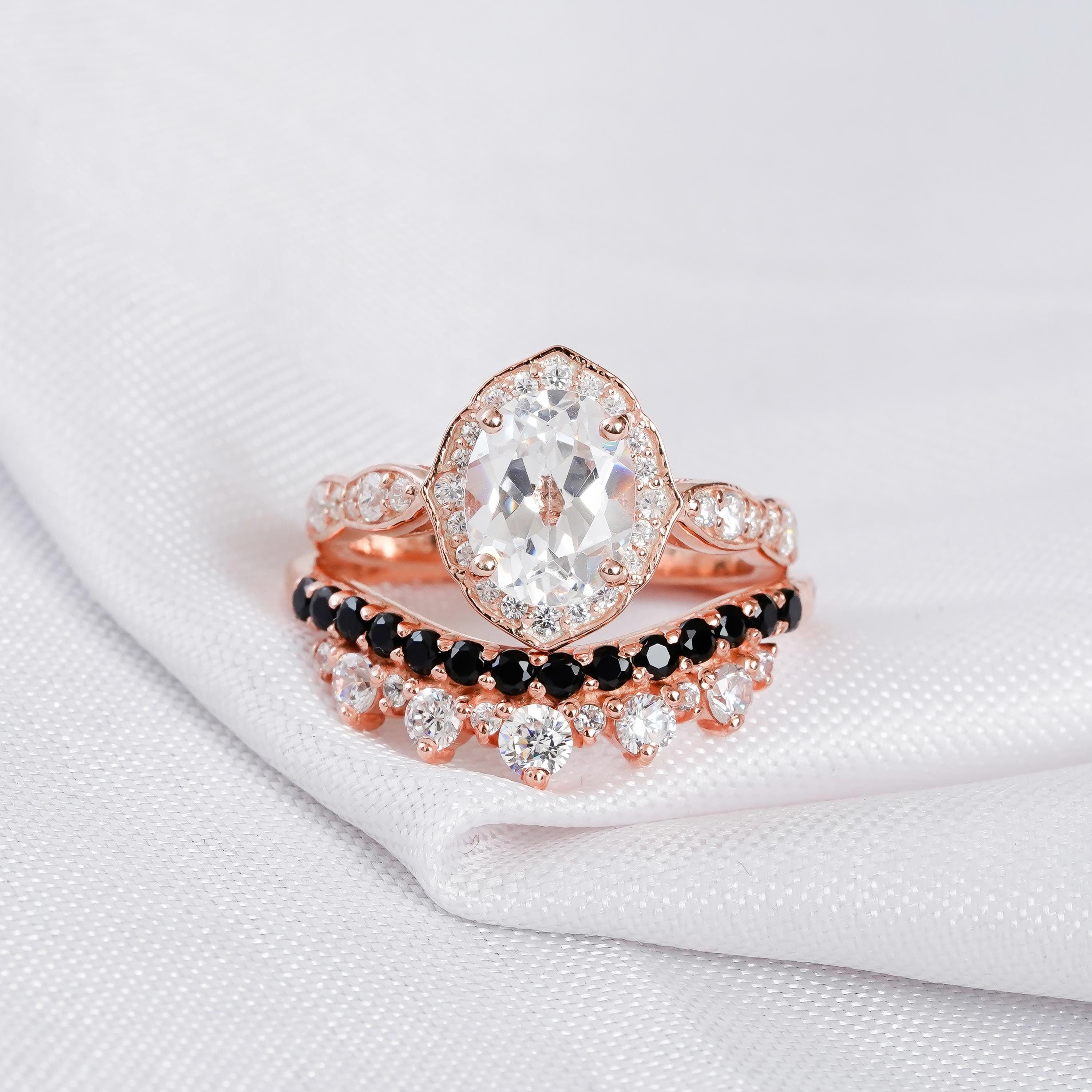 Moissanite Ring Set: Oval 2ct, Art Deco Bridal, Black Onyx Band