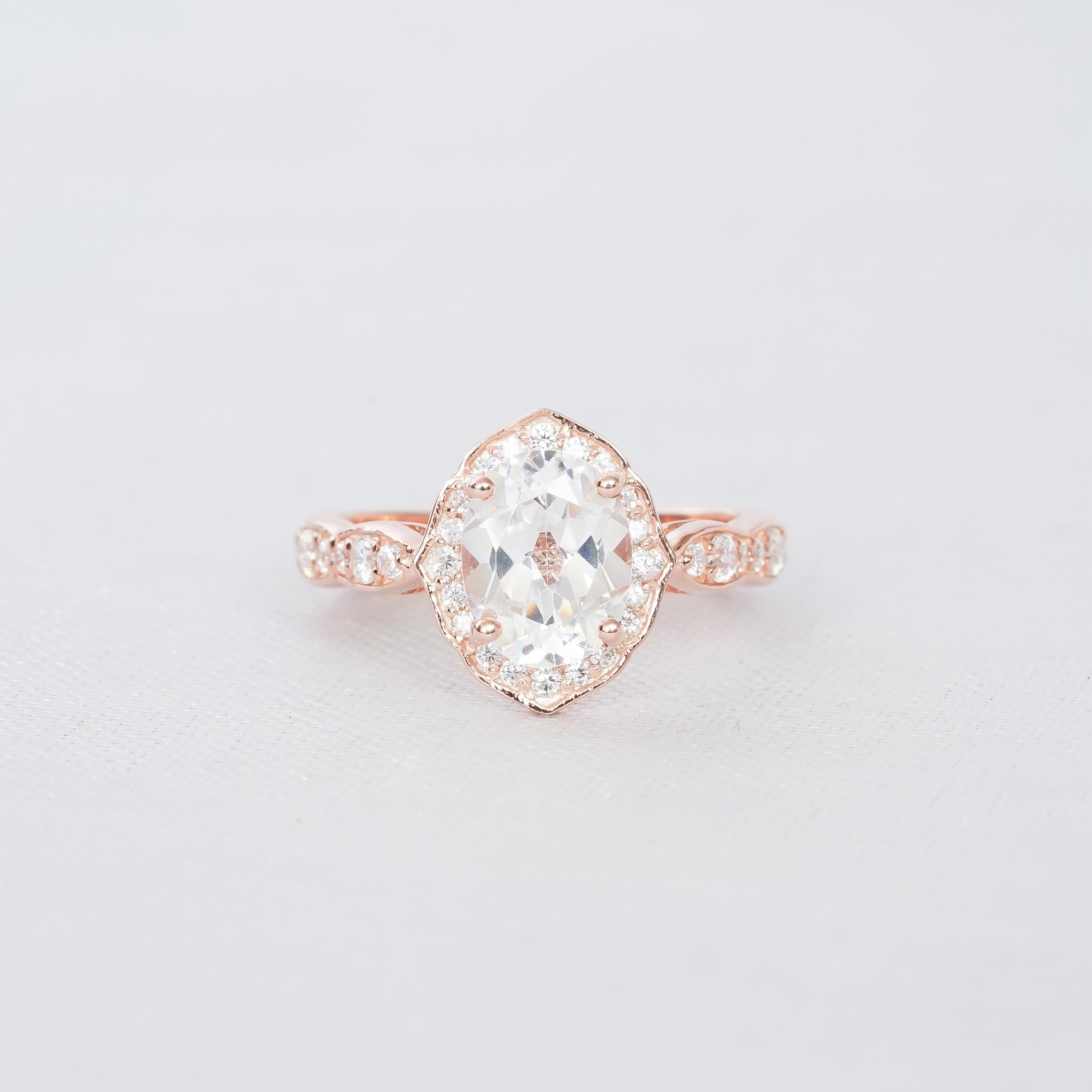 Art Deco Oval Moissanite Engagement Ring Set, Sterling Silver Emerald Wedding Band
