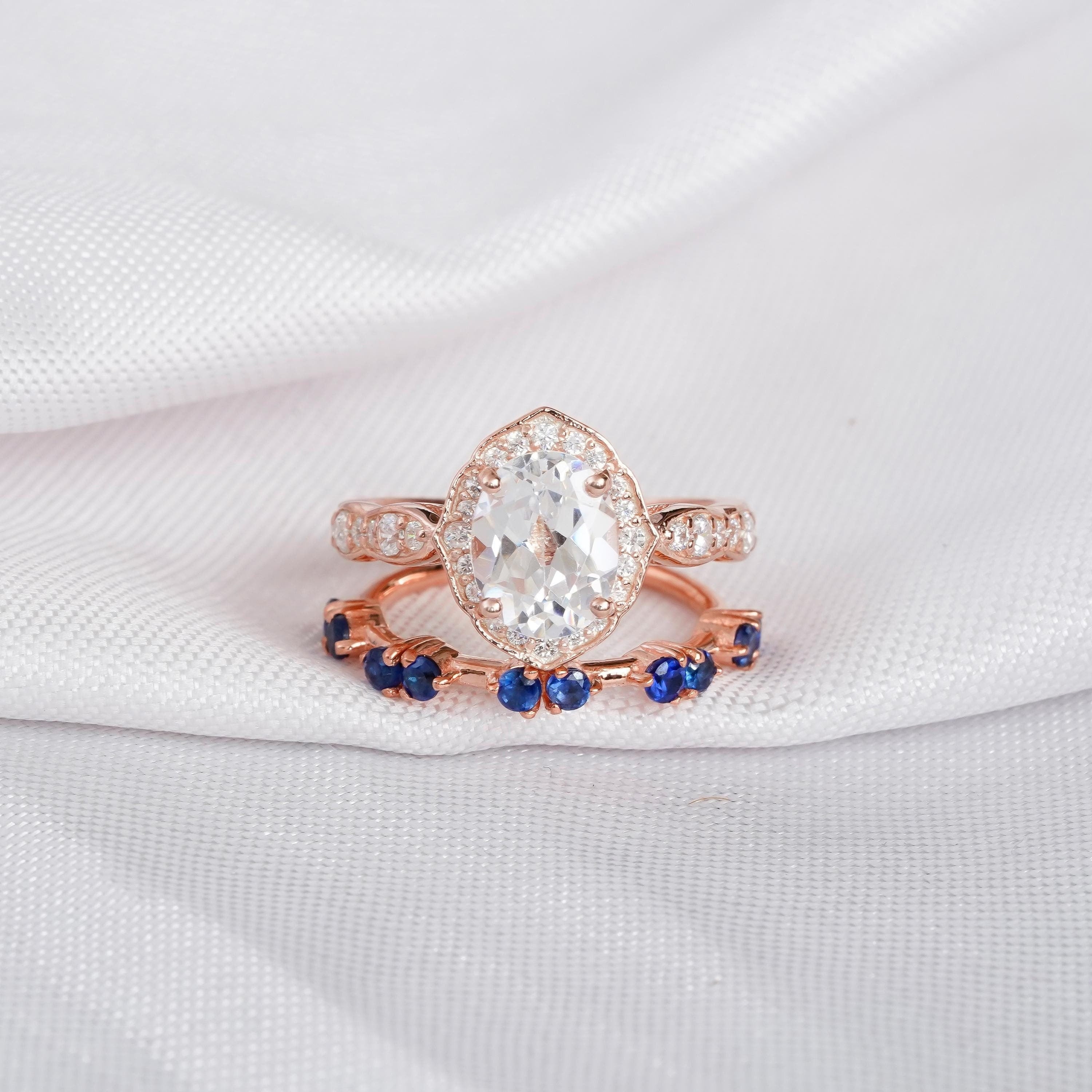 Moissanite Engagement Ring Set: Oval 2ct, Blue Sapphire Band, Sterling Silver