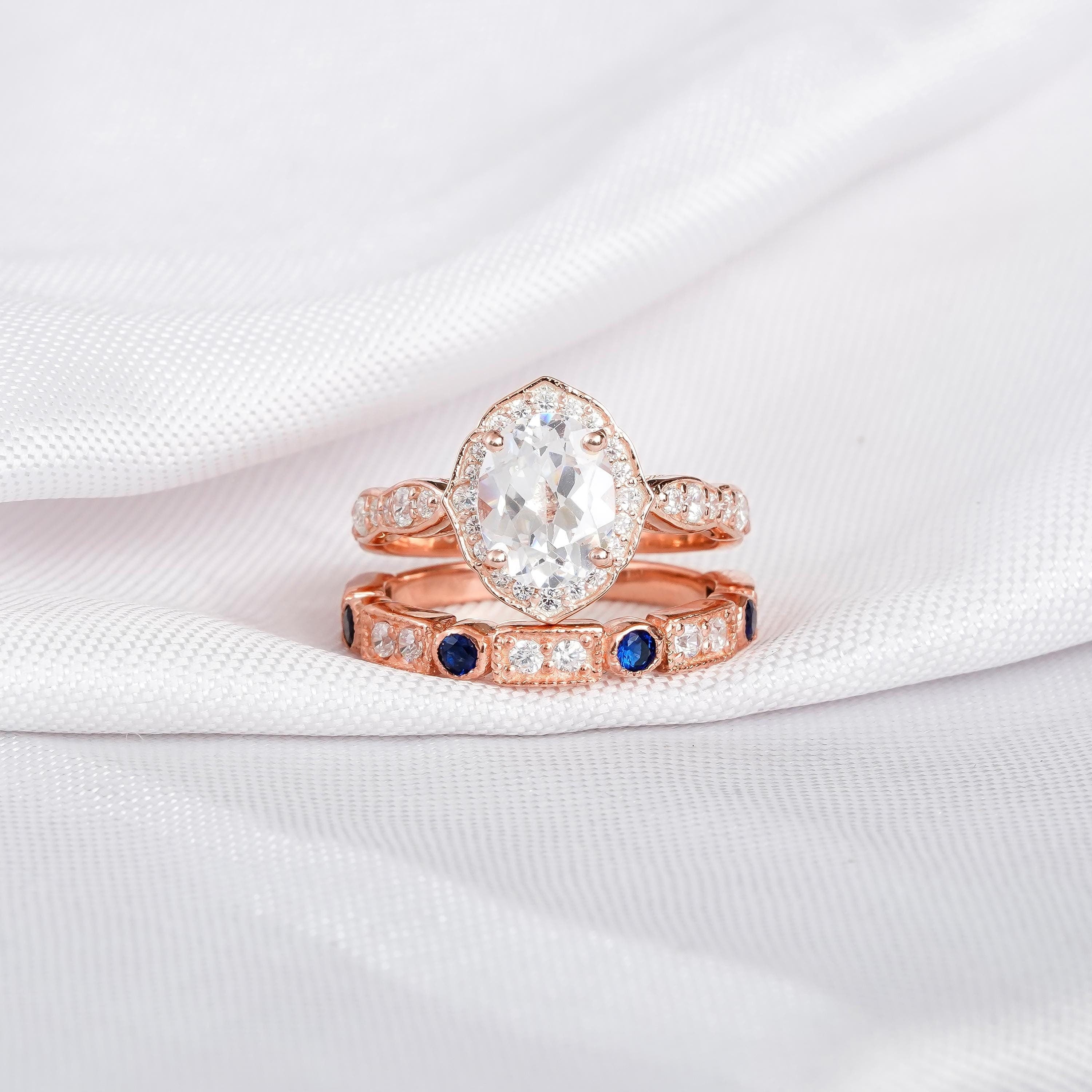 Oval 2ct Moissanite Engagement Ring Set, Art Deco Sterling Silver with Sapphire Band