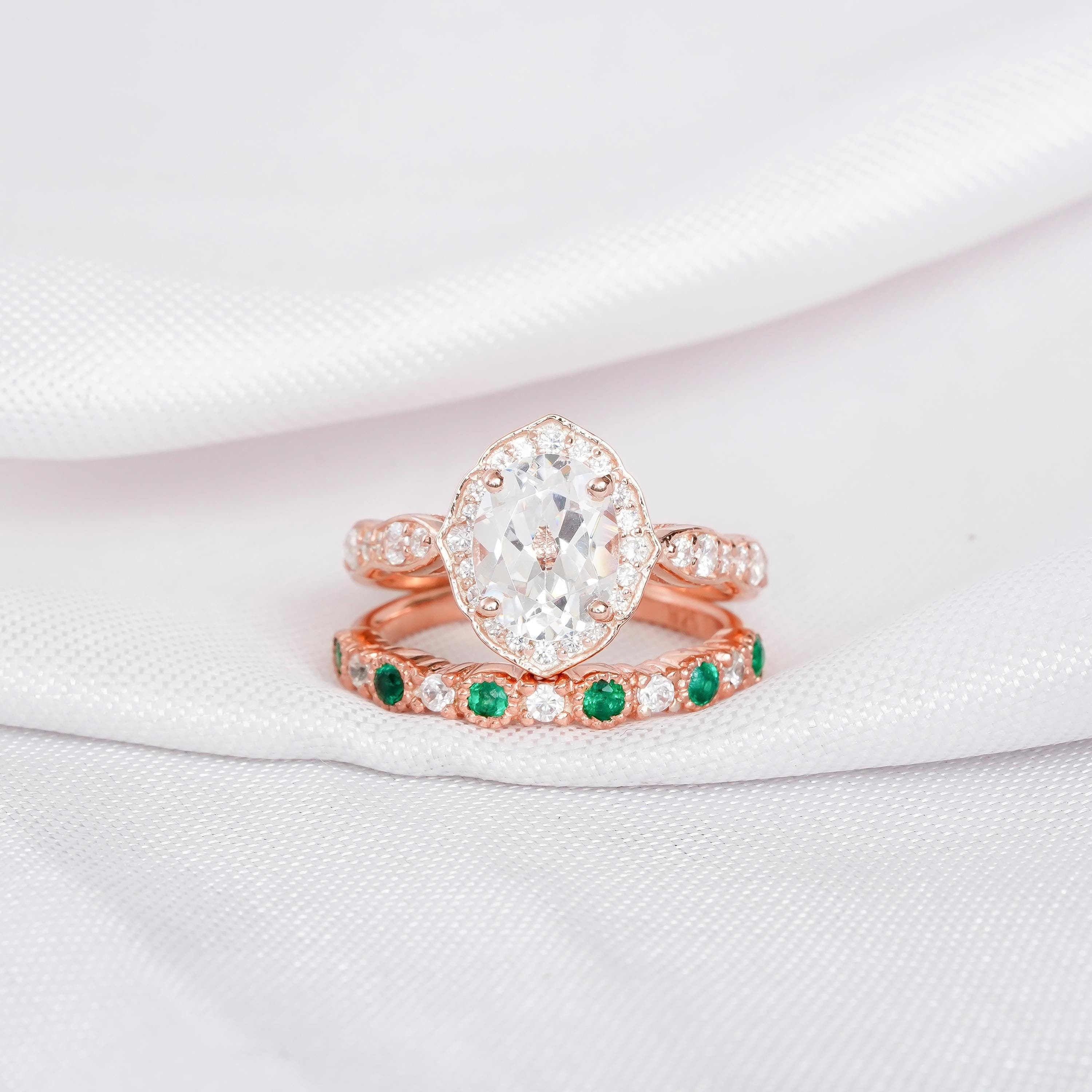 Art Deco Moissanite Engagement Ring Set, Sterling Silver Halo, Emerald Wedding Band