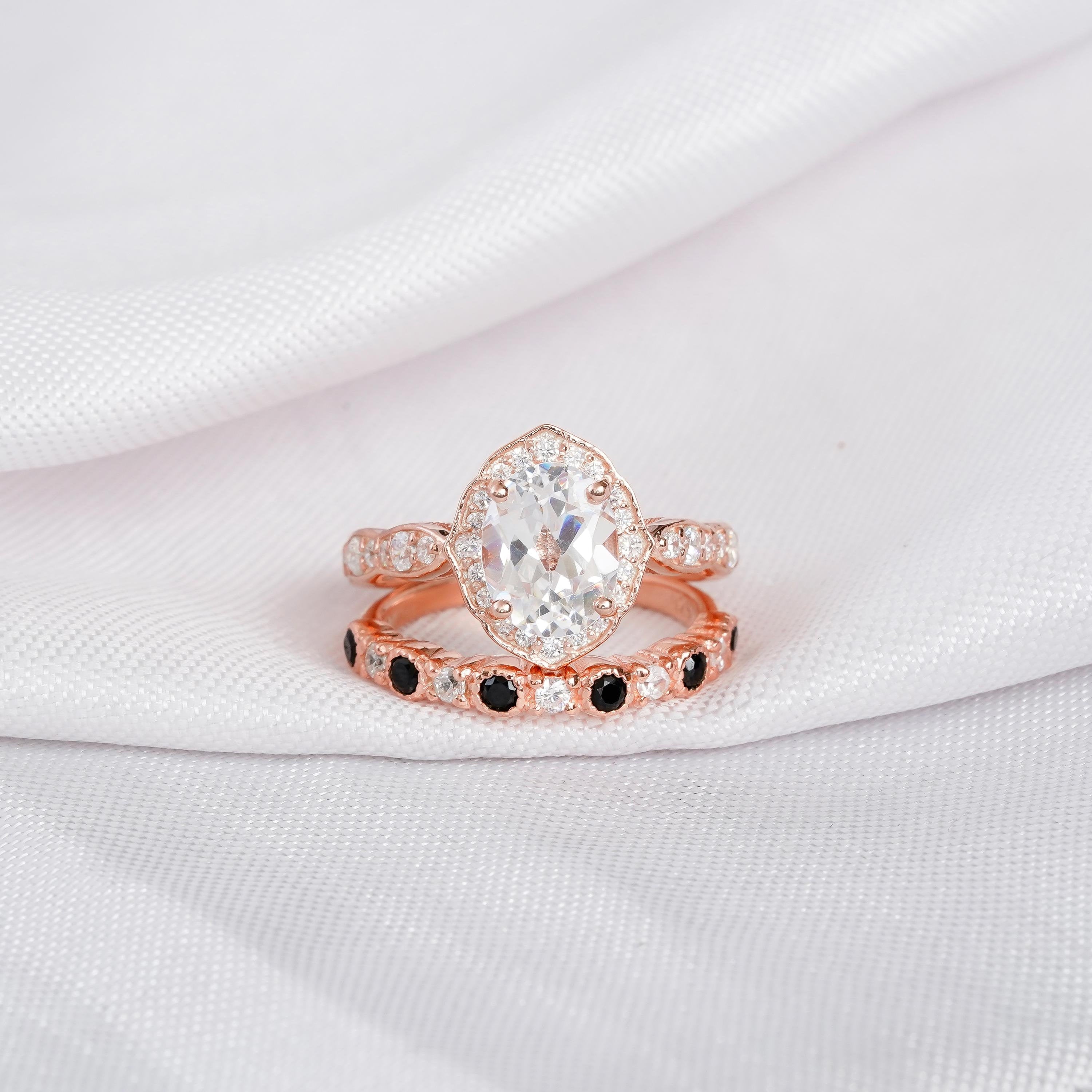 Art Deco Oval Moissanite Engagement Ring Set, Black Onyx Sterling Silver Wedding Band