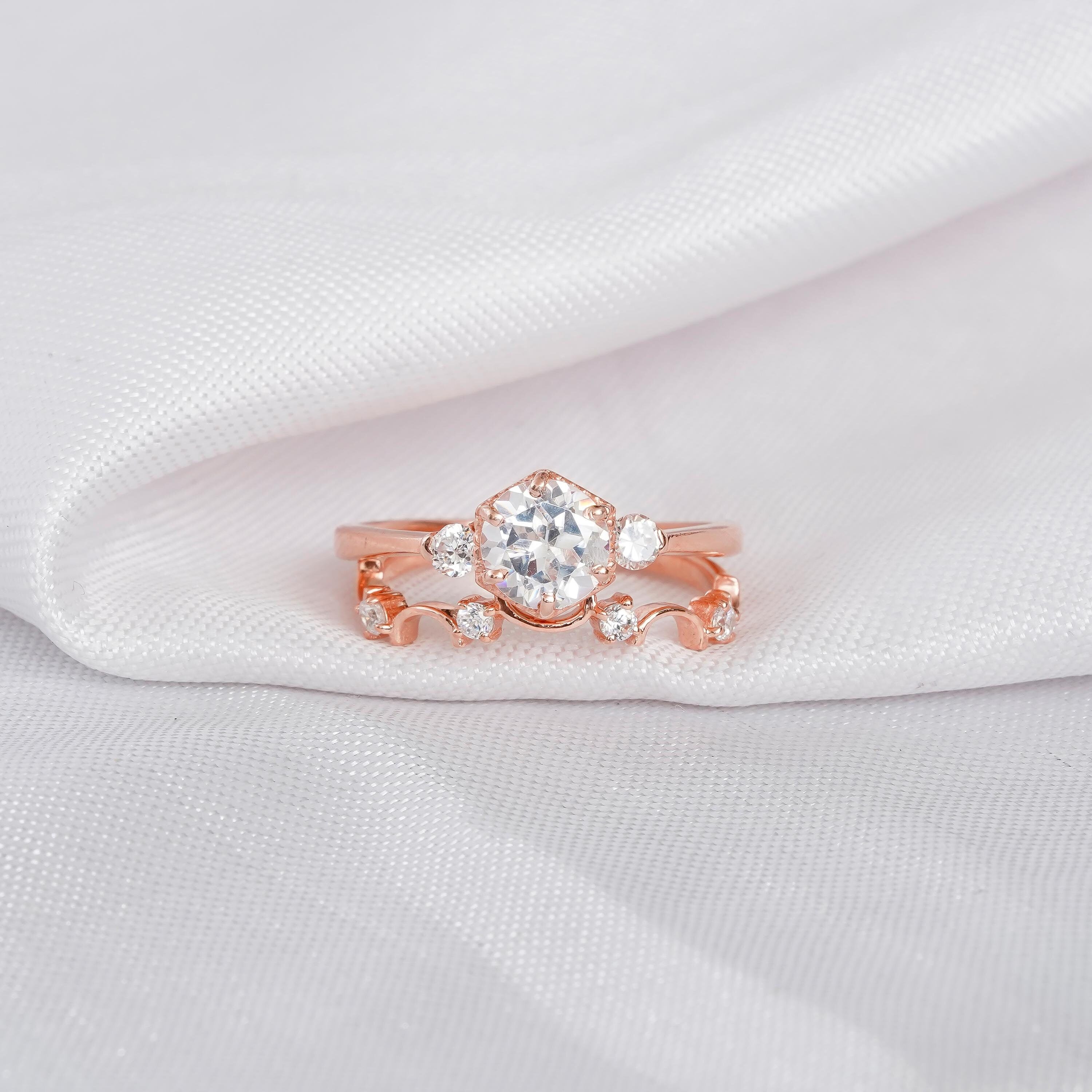 Moissanite Engagement Ring Set, Sterling Silver Art Deco Bridal Ring