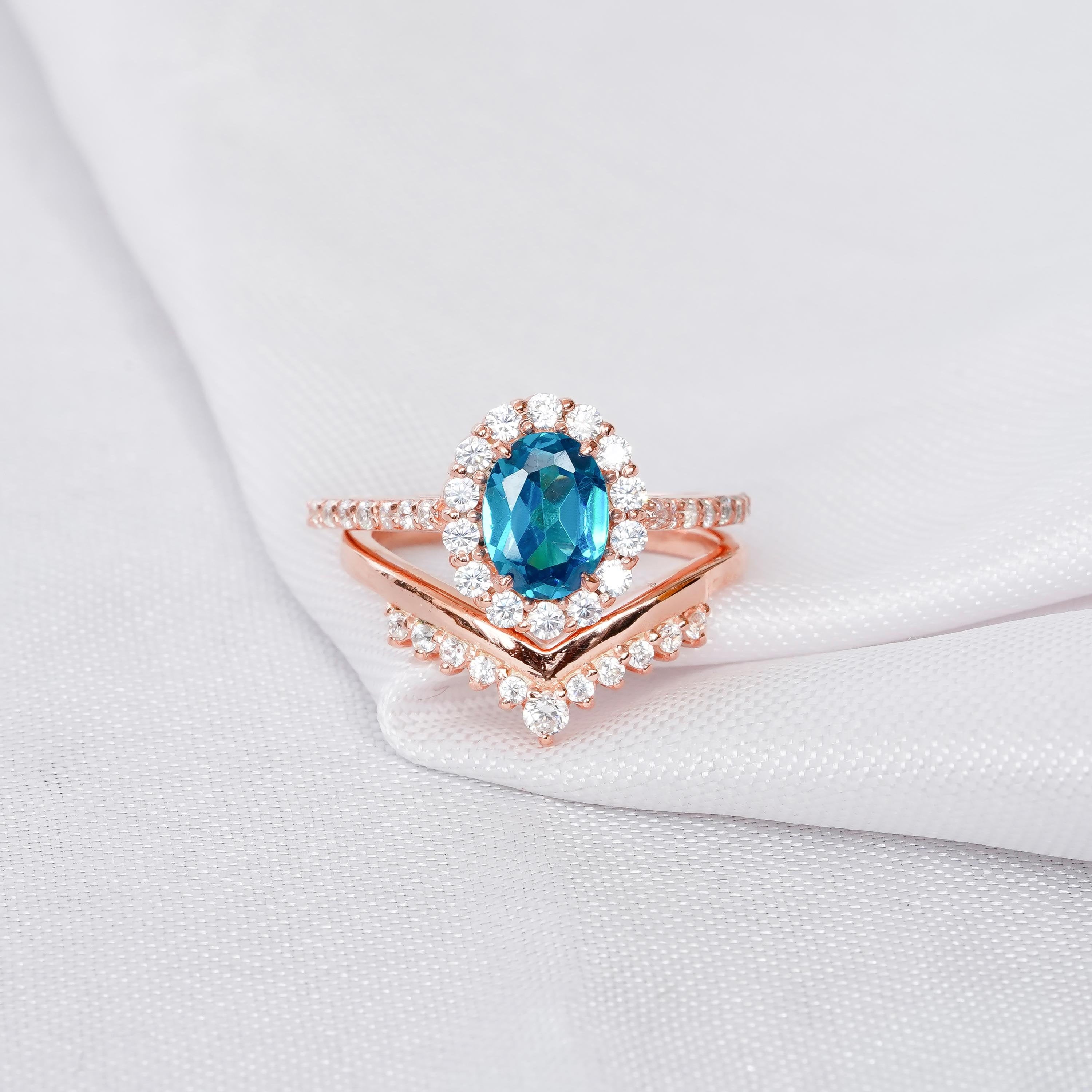 London Blue Topaz Ring Set: Sterling Silver Moissanite Chevron Wedding Band