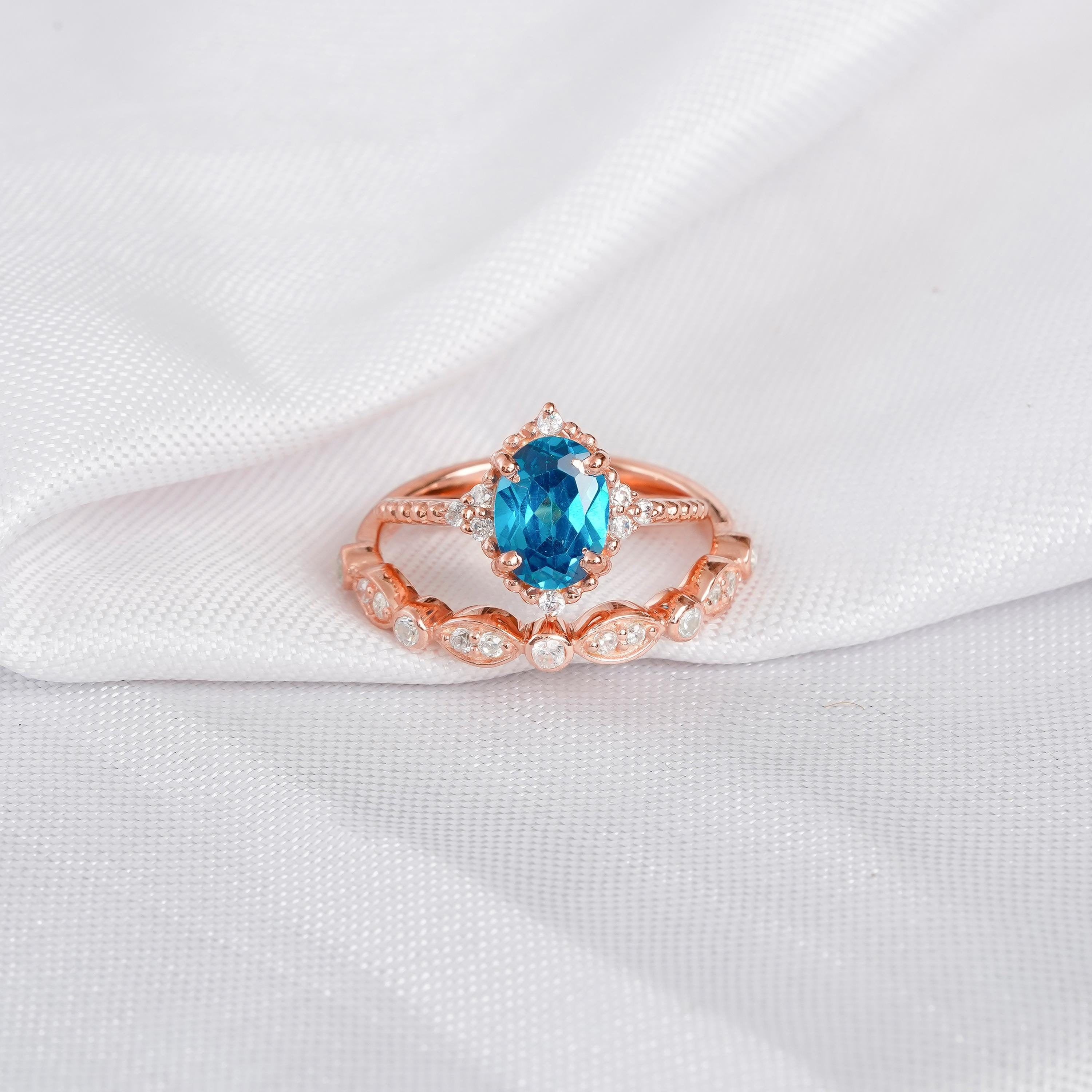 London Blue Topaz Ring Set, Moissanite Art Deco Wedding Band, Sterling Silver