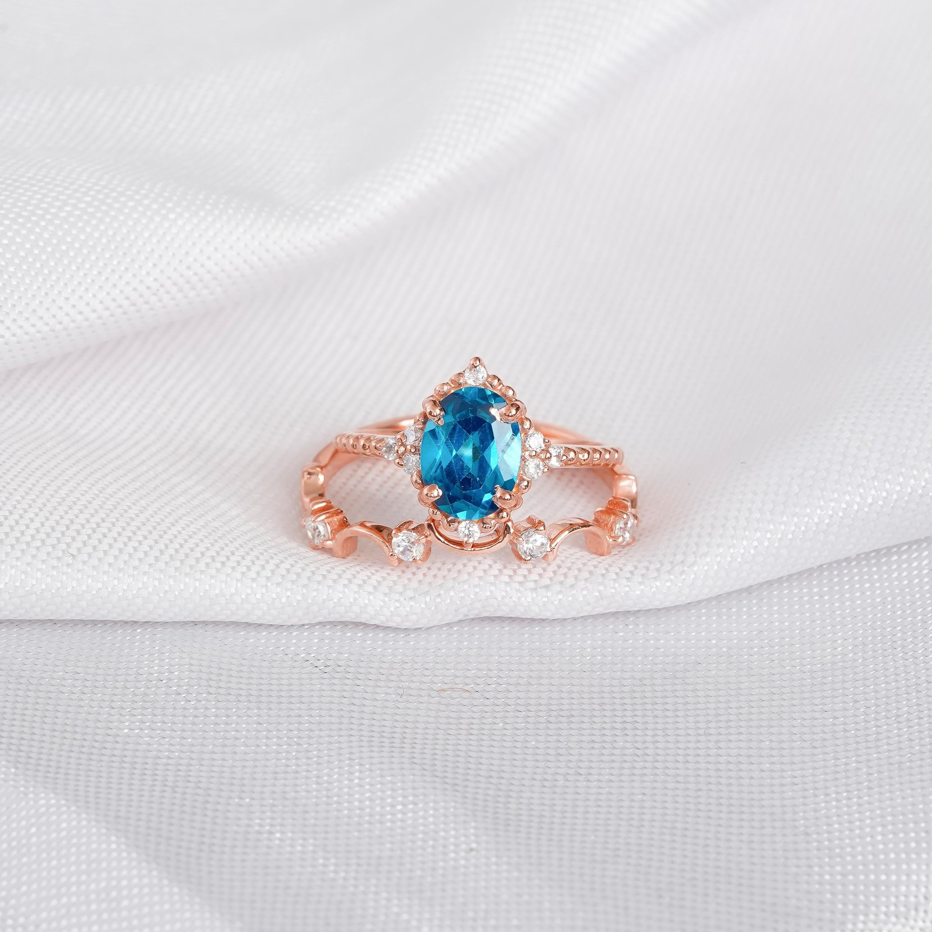 London Blue Topaz Engagement Ring Set, Moissanite Sterling Silver Wedding Band