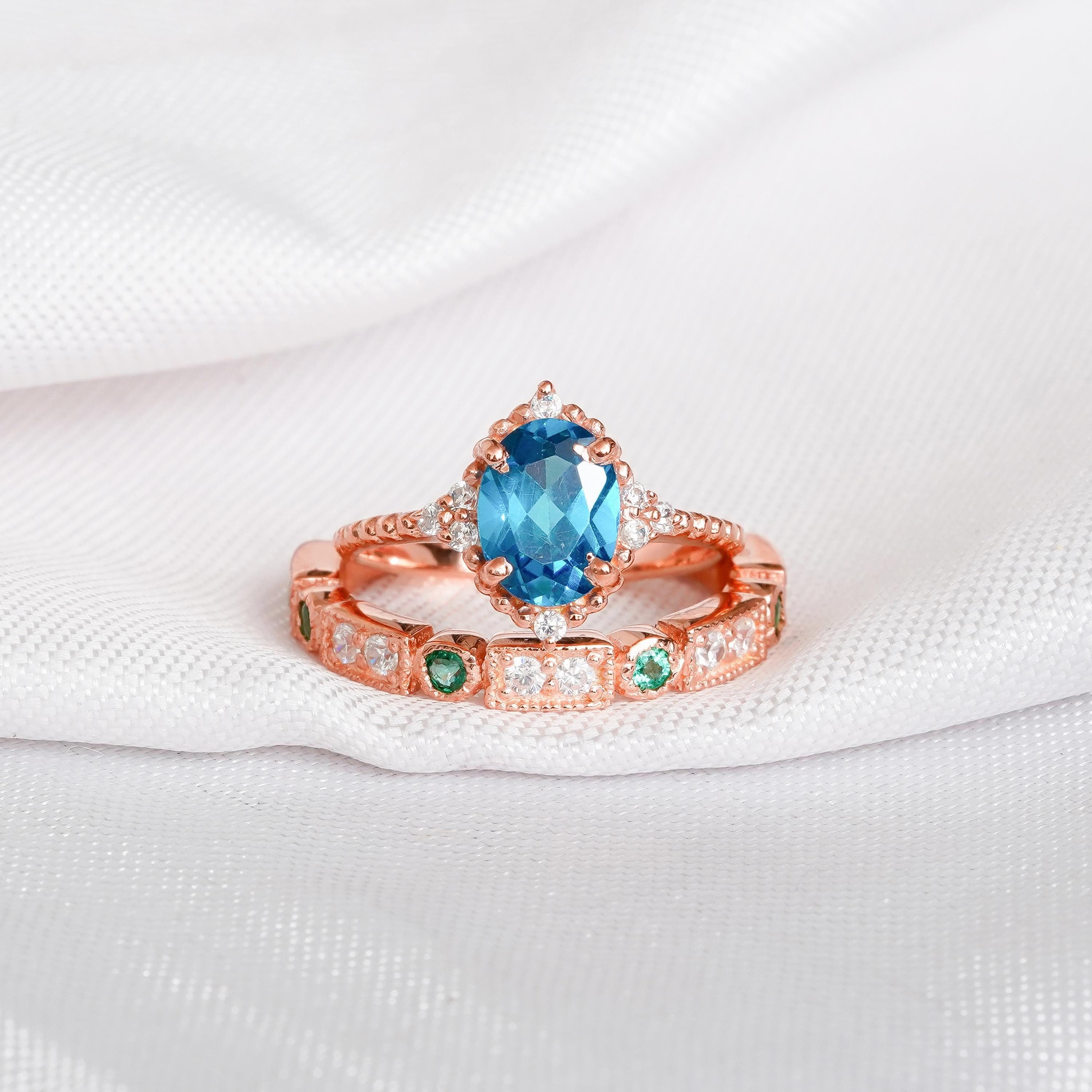 London Blue Topaz Engagement Ring Set, Emerald Sterling Silver Wedding Band
