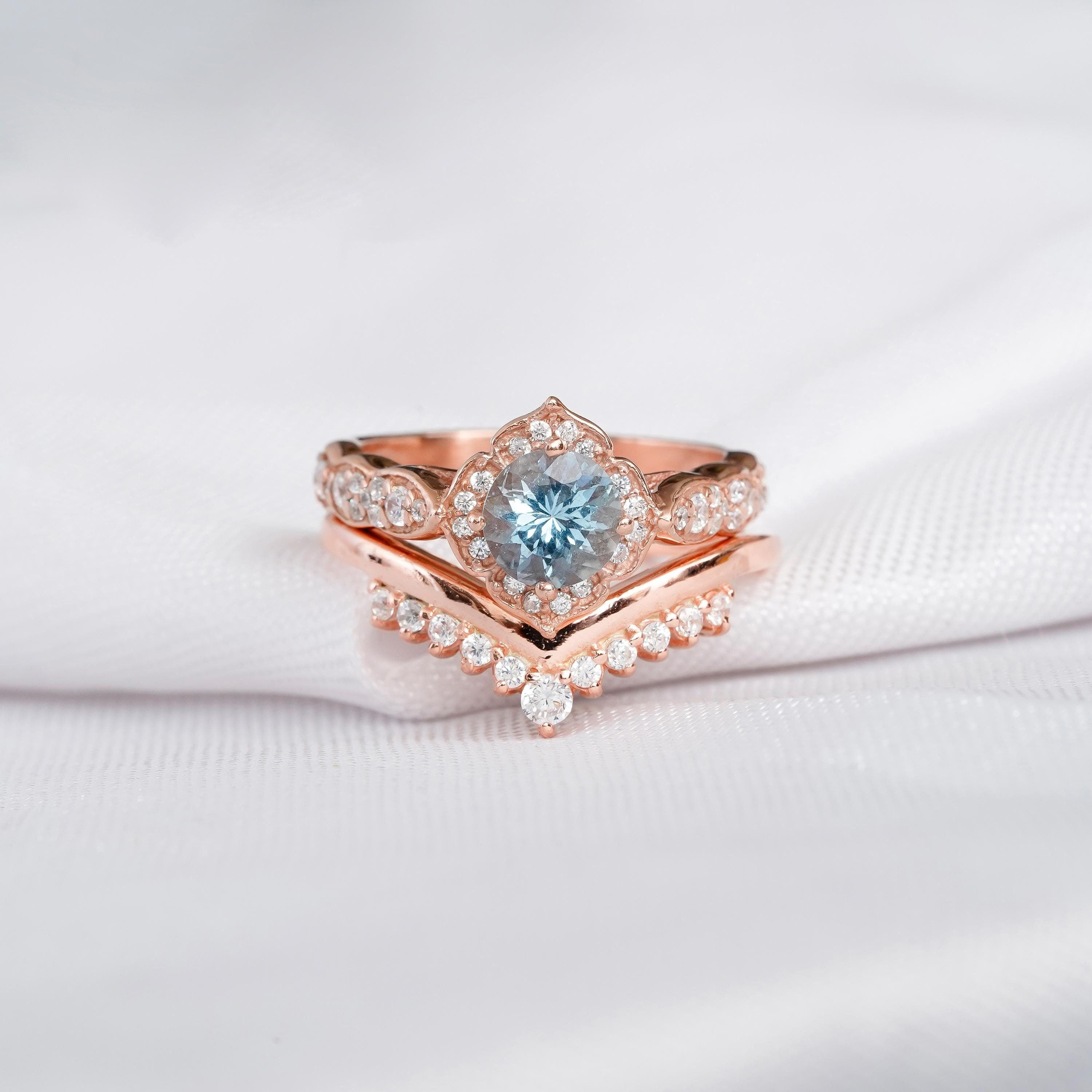 Aquamarine Engagement Ring Set, Moissanite Chevron Band, Sterling Silver