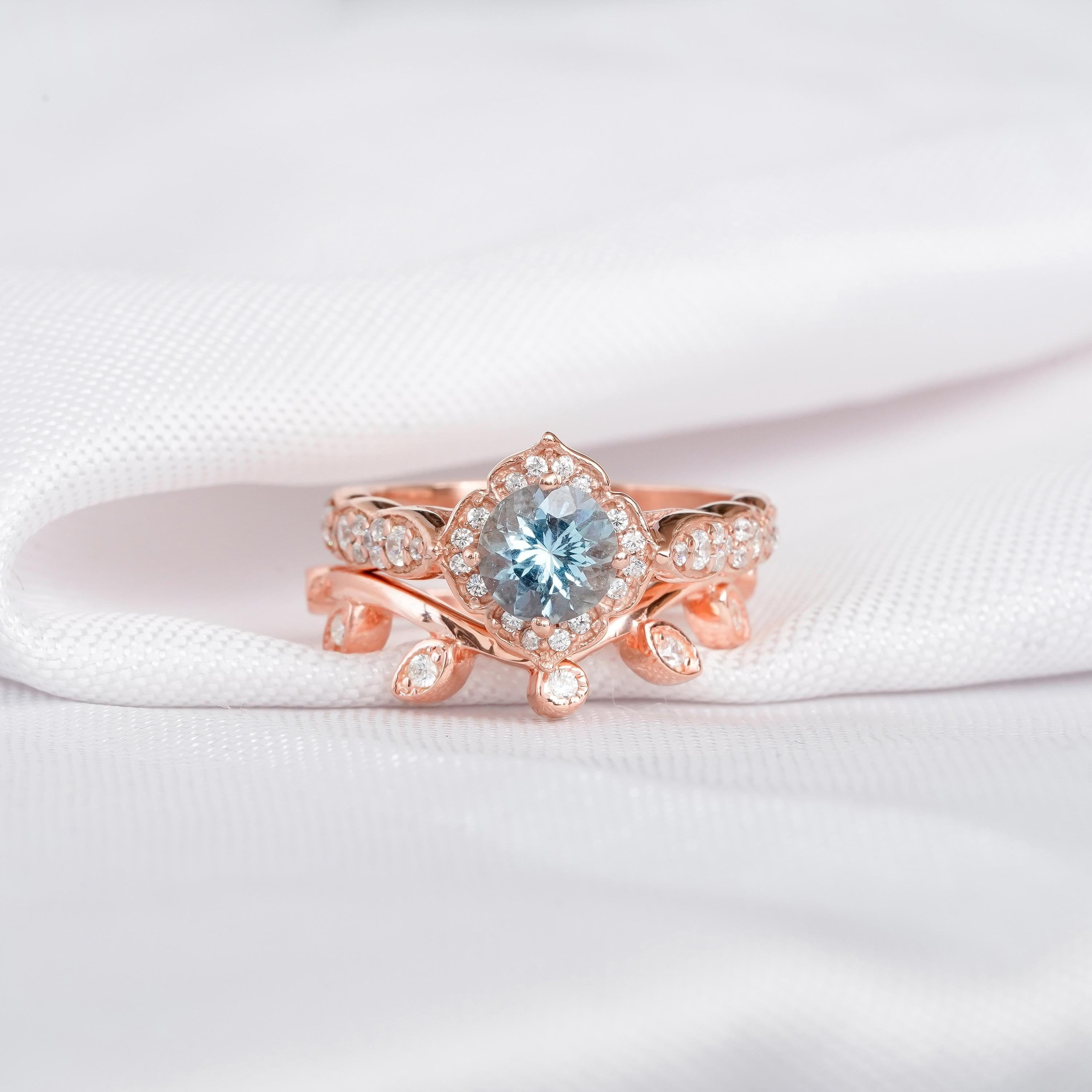 Aquamarine Engagement Ring Set, Moissanite Leaf Band, Art Deco Sterling Silver