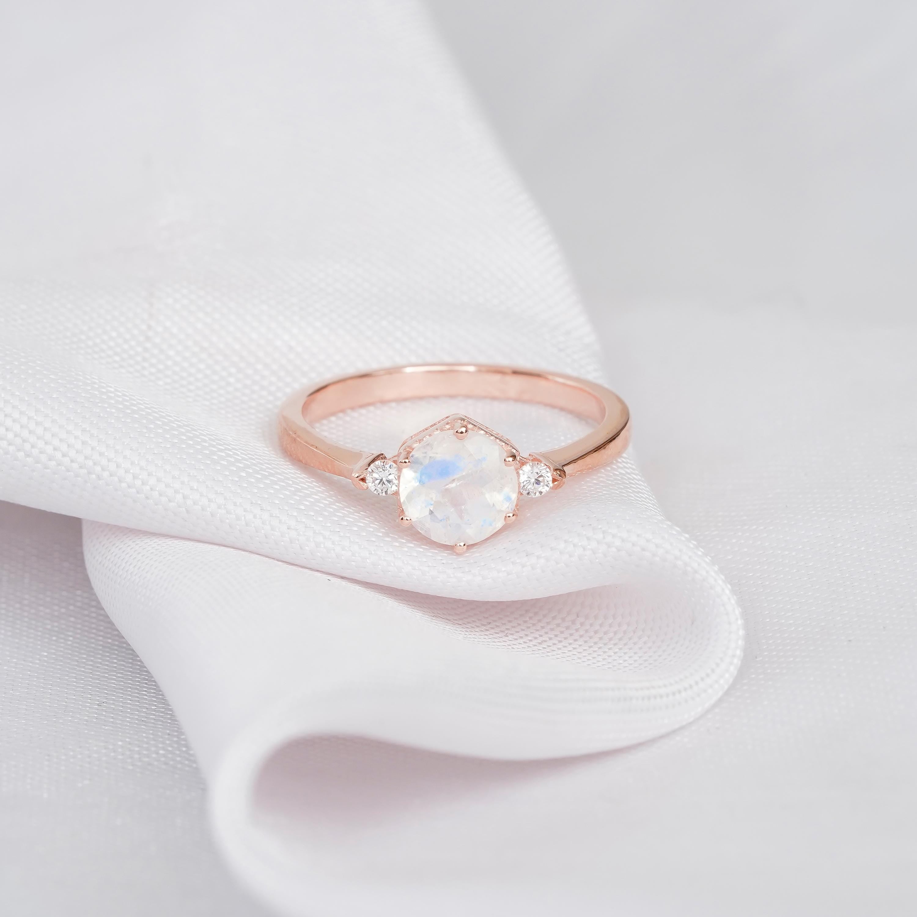 Moonstone Bridal Ring Set, Sterling Silver Moissanite Chevron Wedding Band