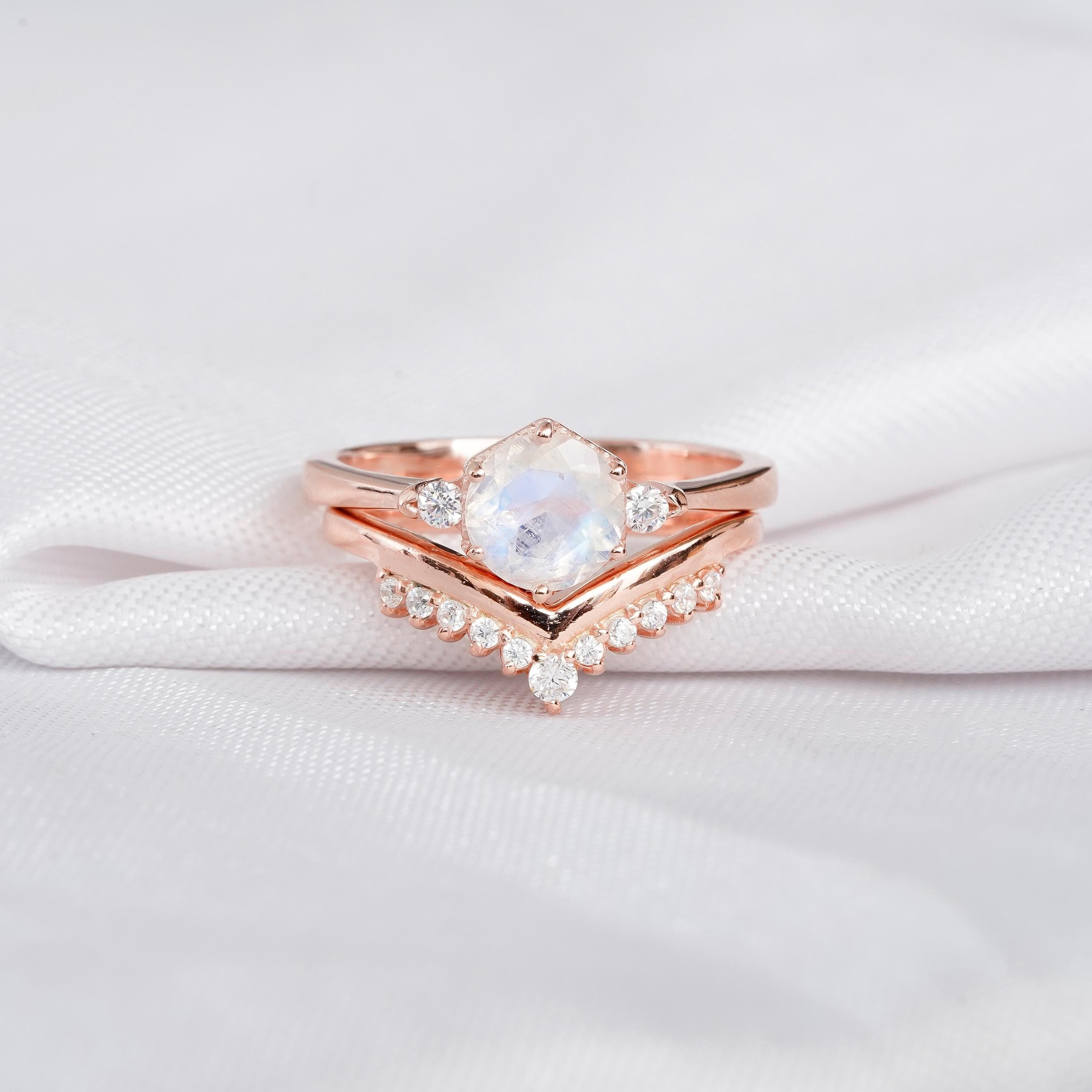 Moonstone Bridal Ring Set, Sterling Silver Moissanite Chevron Wedding Band