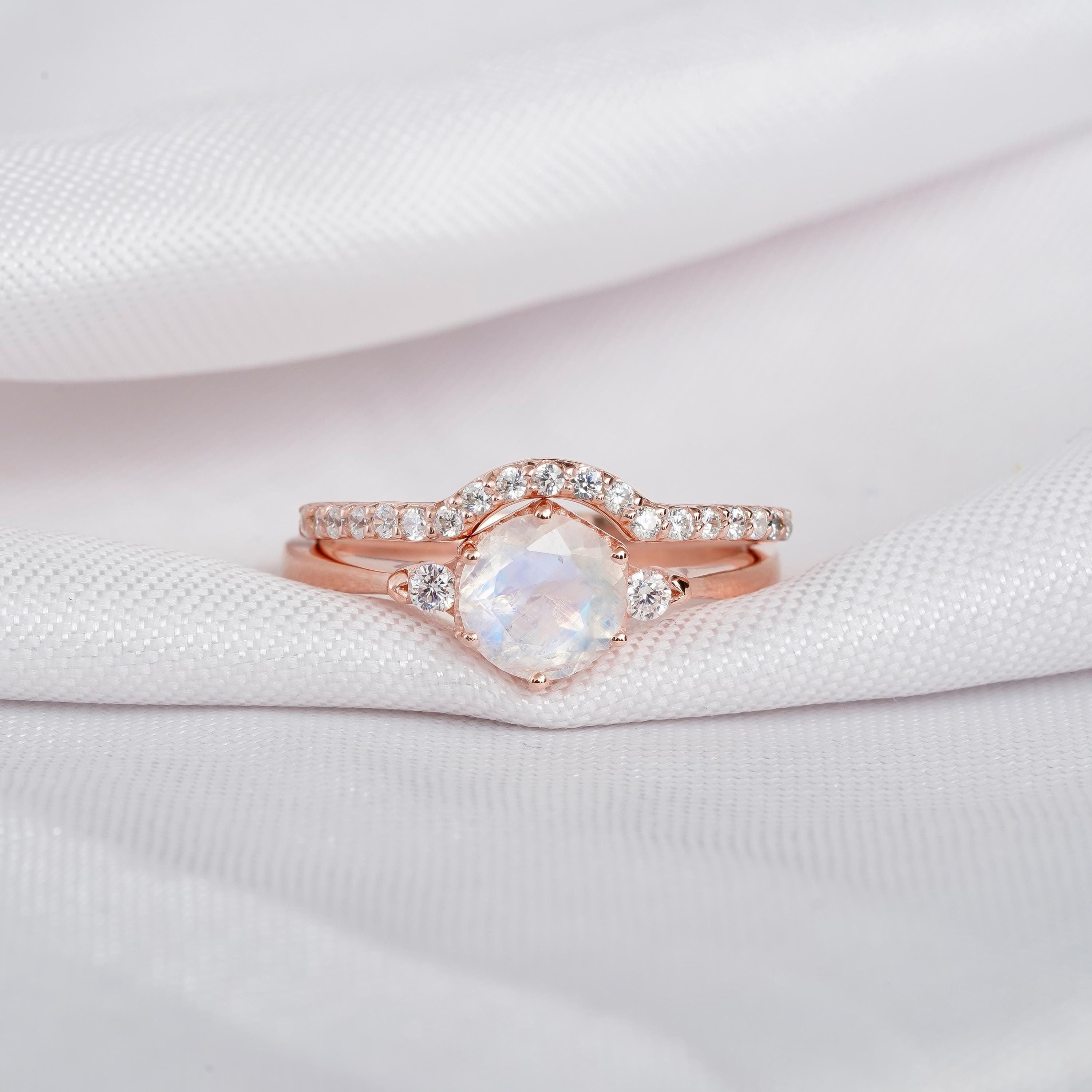 Moonstone Bridal Ring Set: Sterling Silver Hexagon Halo, Moissanite Band