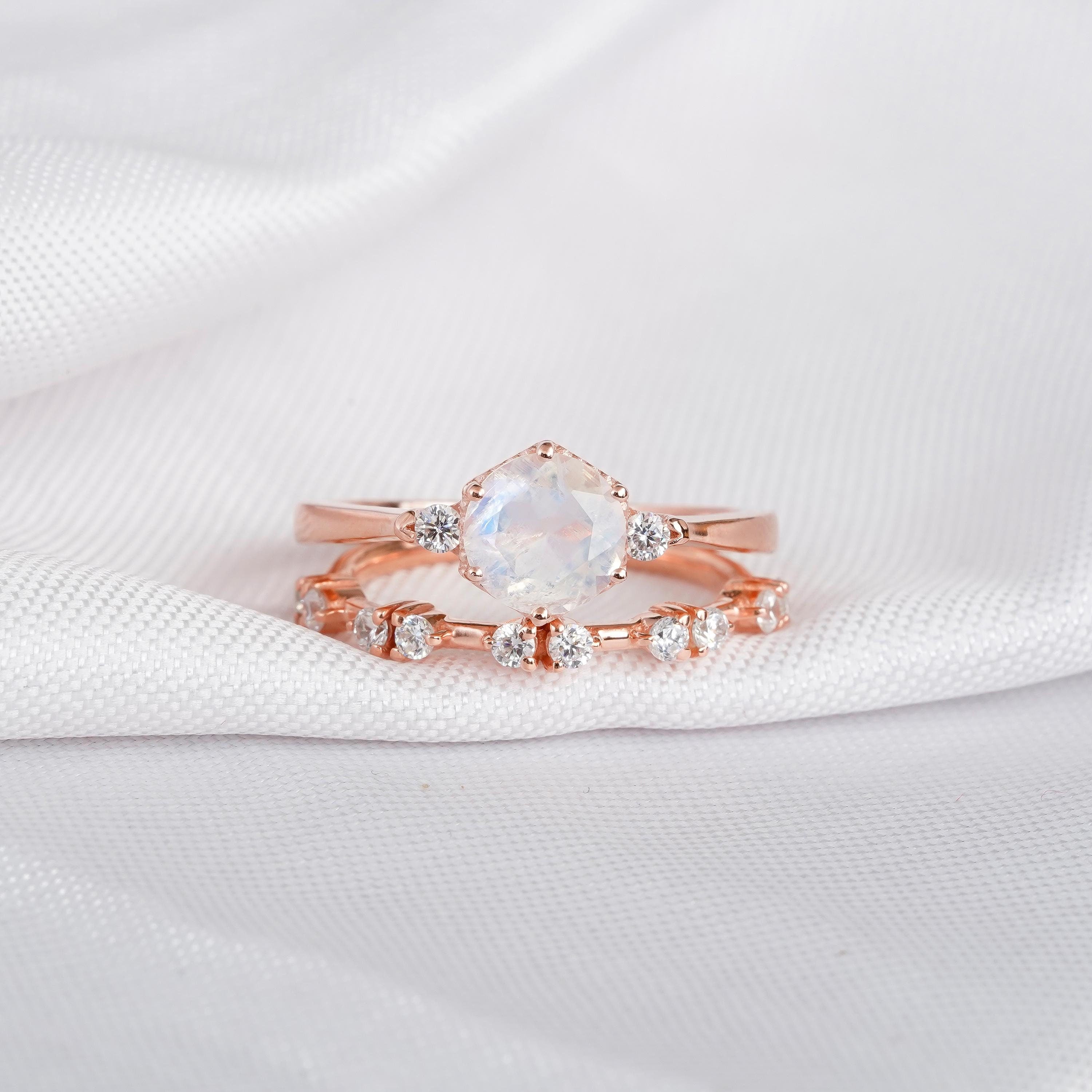 Moonstone Engagement Ring Set, Sterling Silver Hexagon Halo, Moissanite Wedding Band